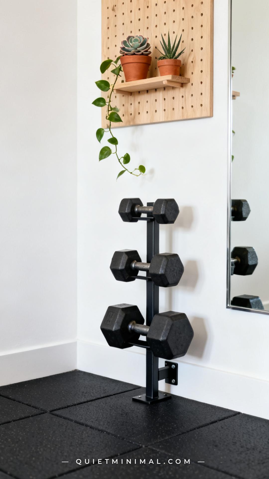 A wide establishing shot of a home gym corner featuring a wall-mounted dumbbell rack against a white wall