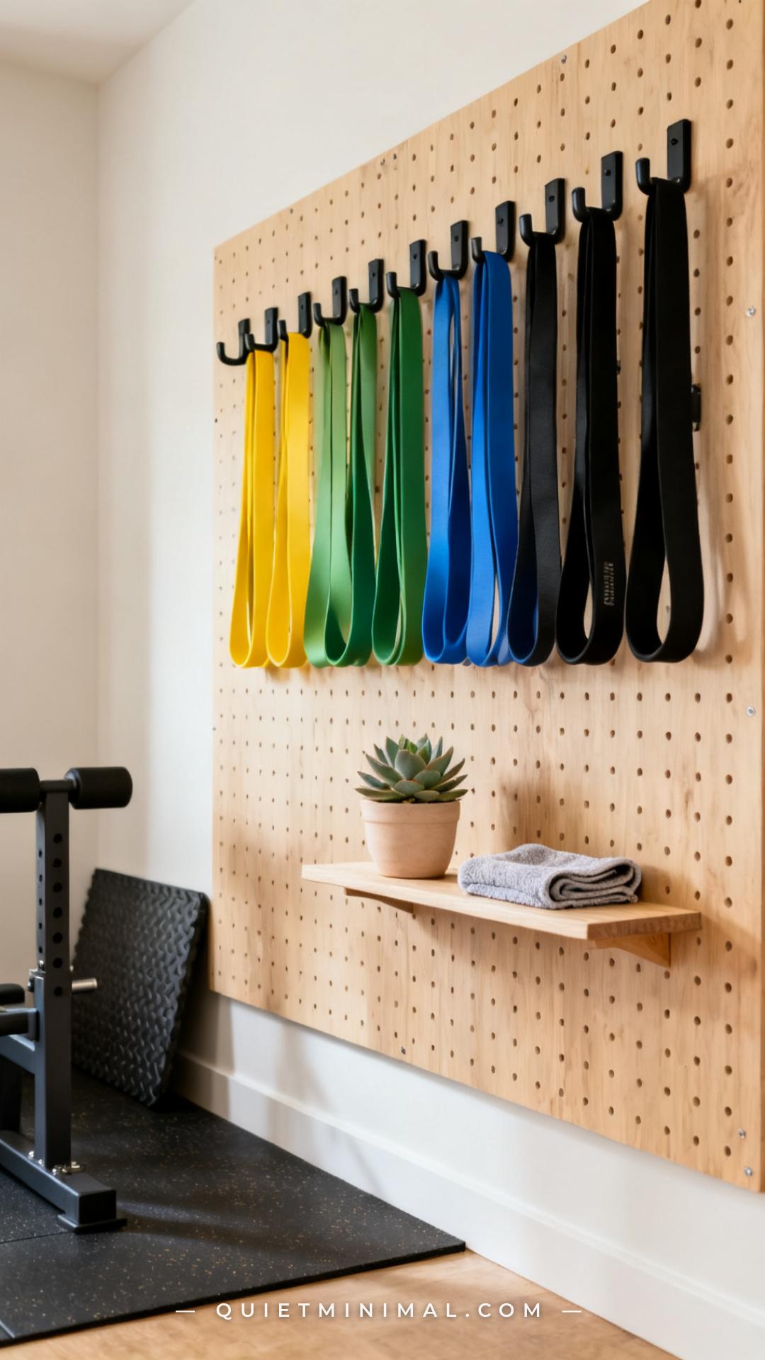 A medium-wide view of a section of a home gym pegboard wall