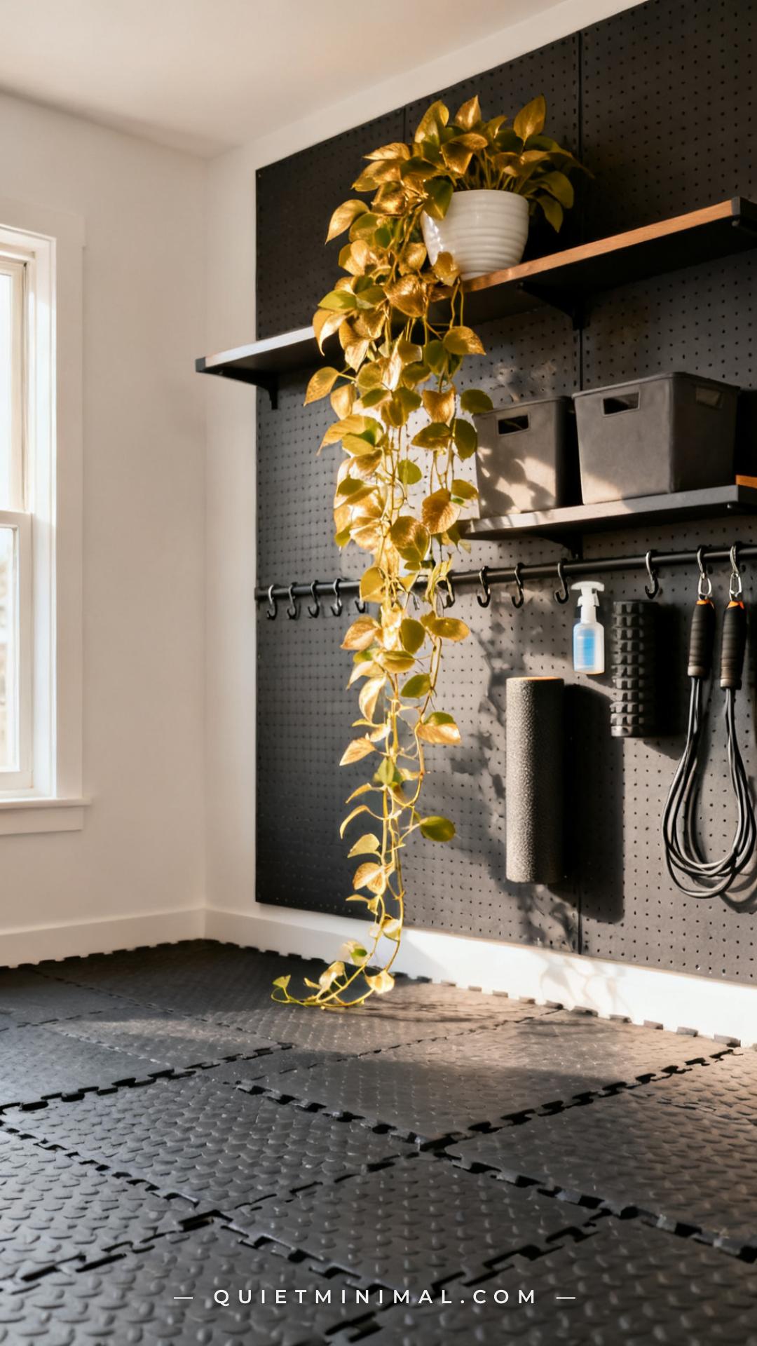 An establishing wide shot of a home gym's pegboard wall