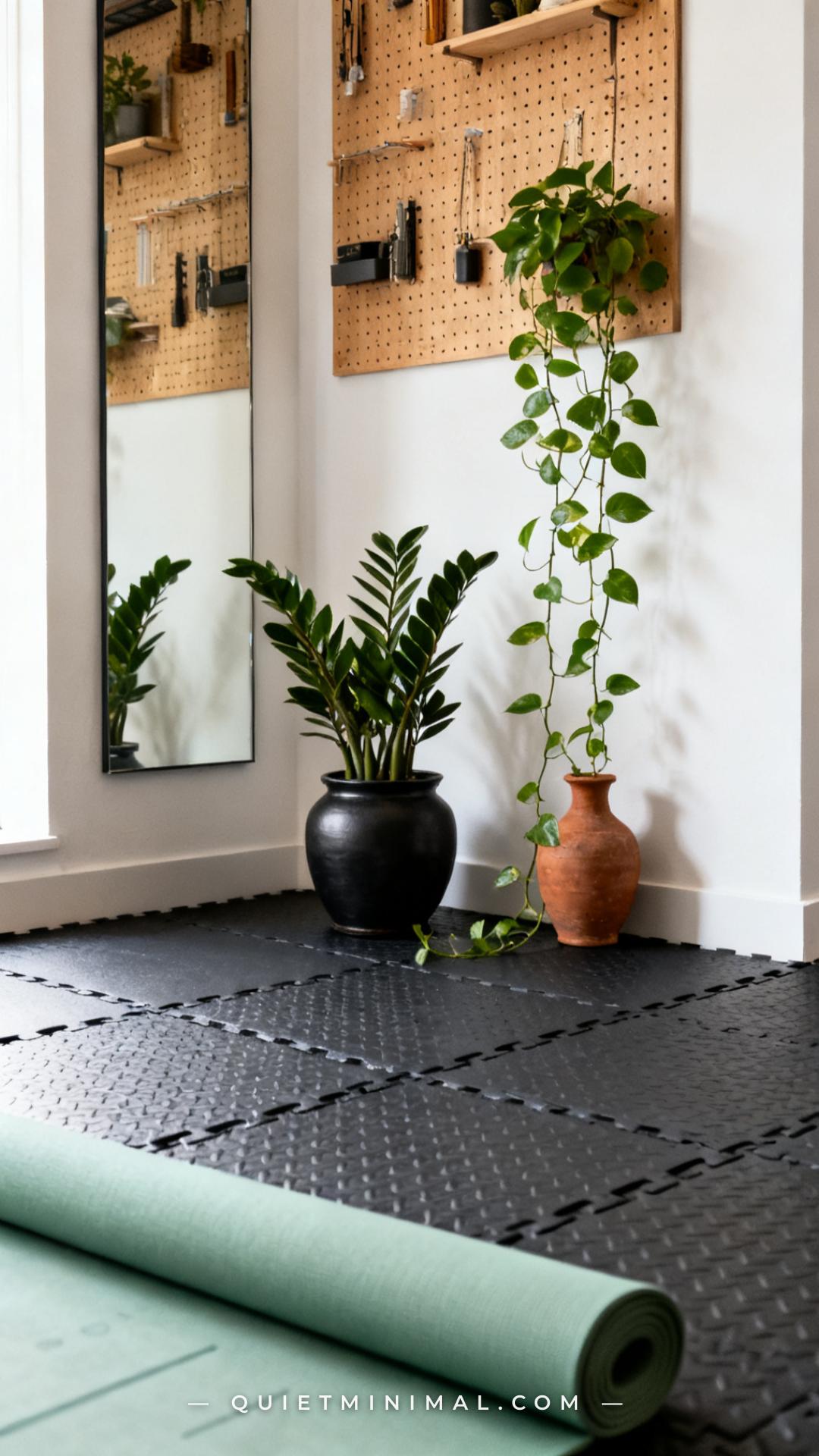 A wide-angle view of a home gym floor