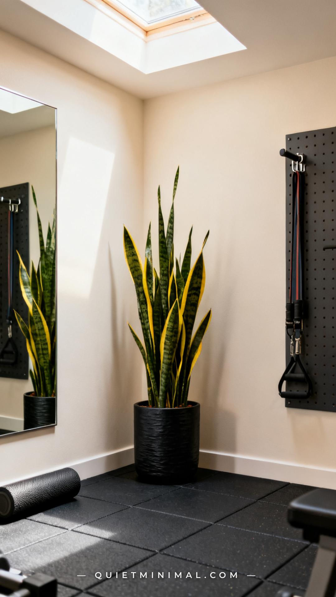 A vertical photograph capturing a full corner of a well-lit home gym