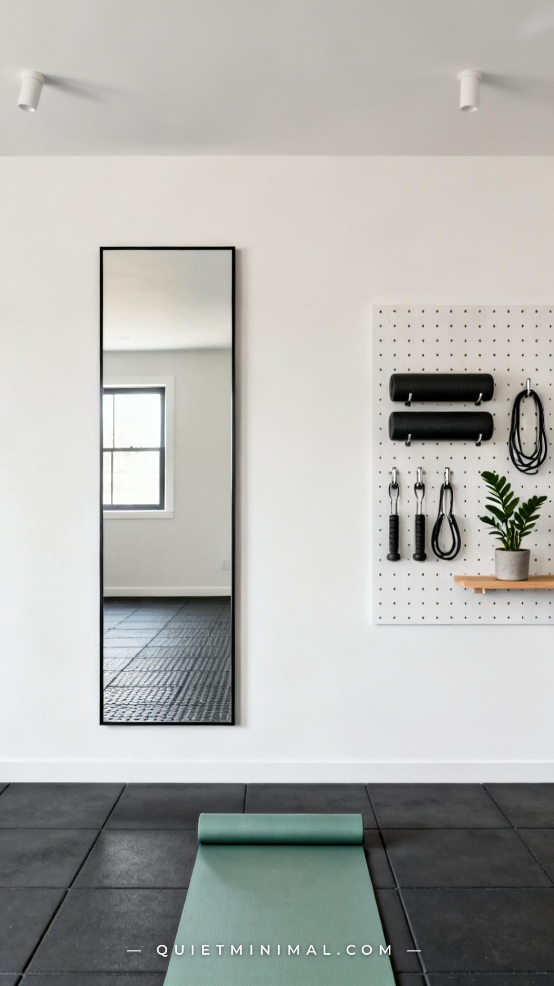 A wide establishing shot of a home gym's long wall