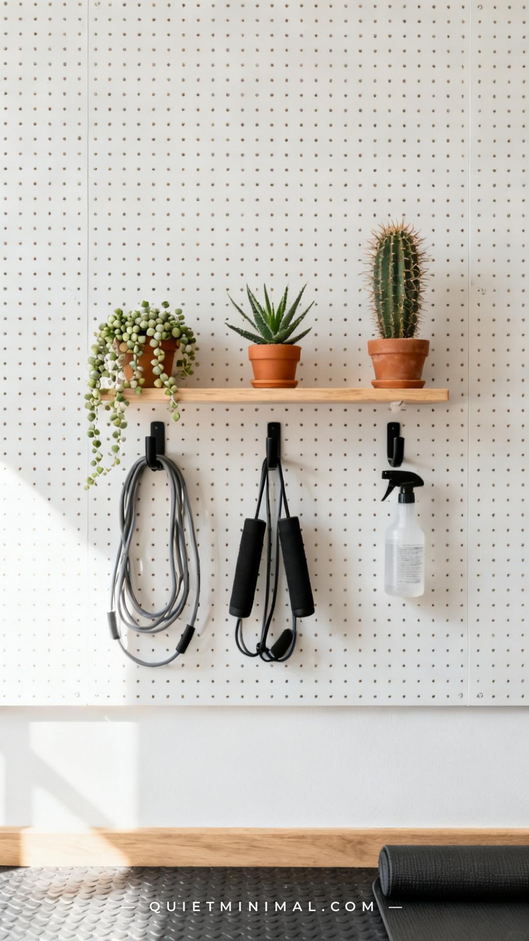 A medium-wide view of a home gym pegboard wall section