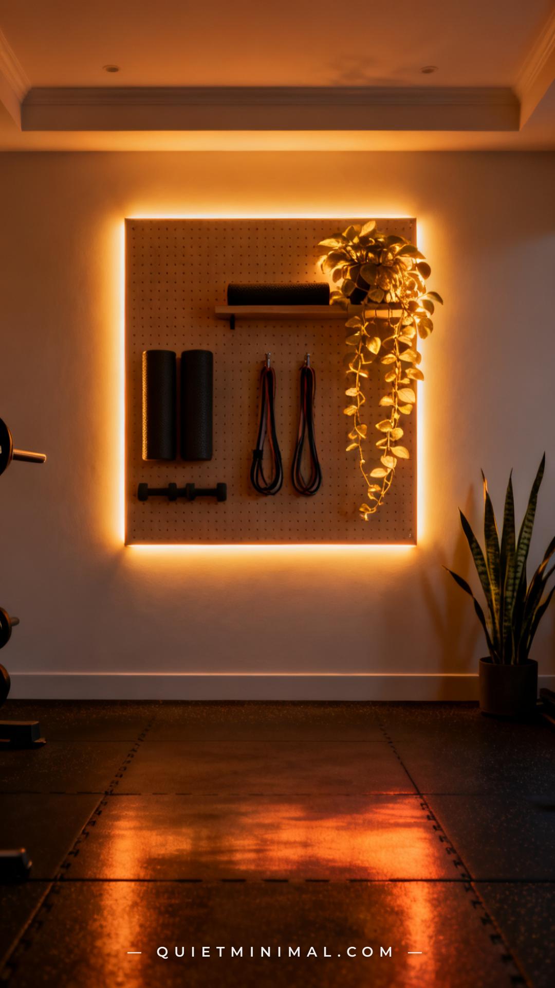 A wide establishing shot of a home gym at dusk or evening