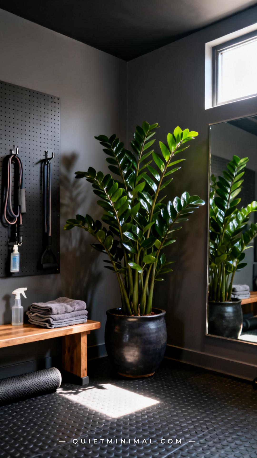 A wide vertical photograph of a home gym's corner area showing the full floor-to-ceiling height