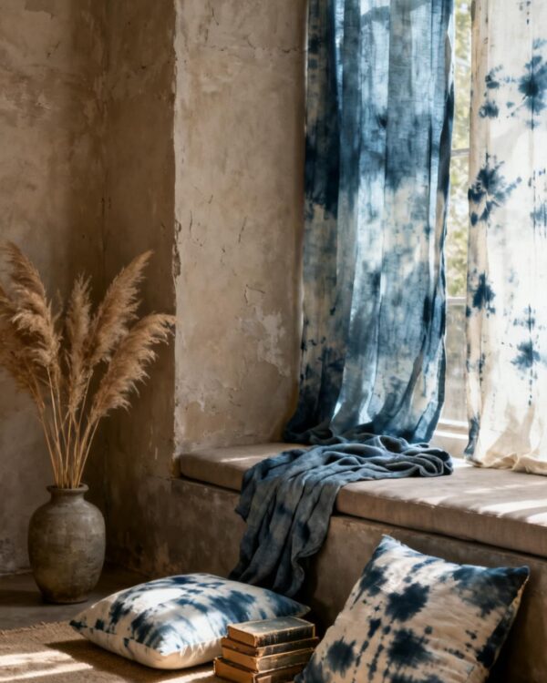 14 Aged Indigo Shibori Textile Ideas for Wabi-Sabi Rooms (Curtains, Throws & Floor Cushions)