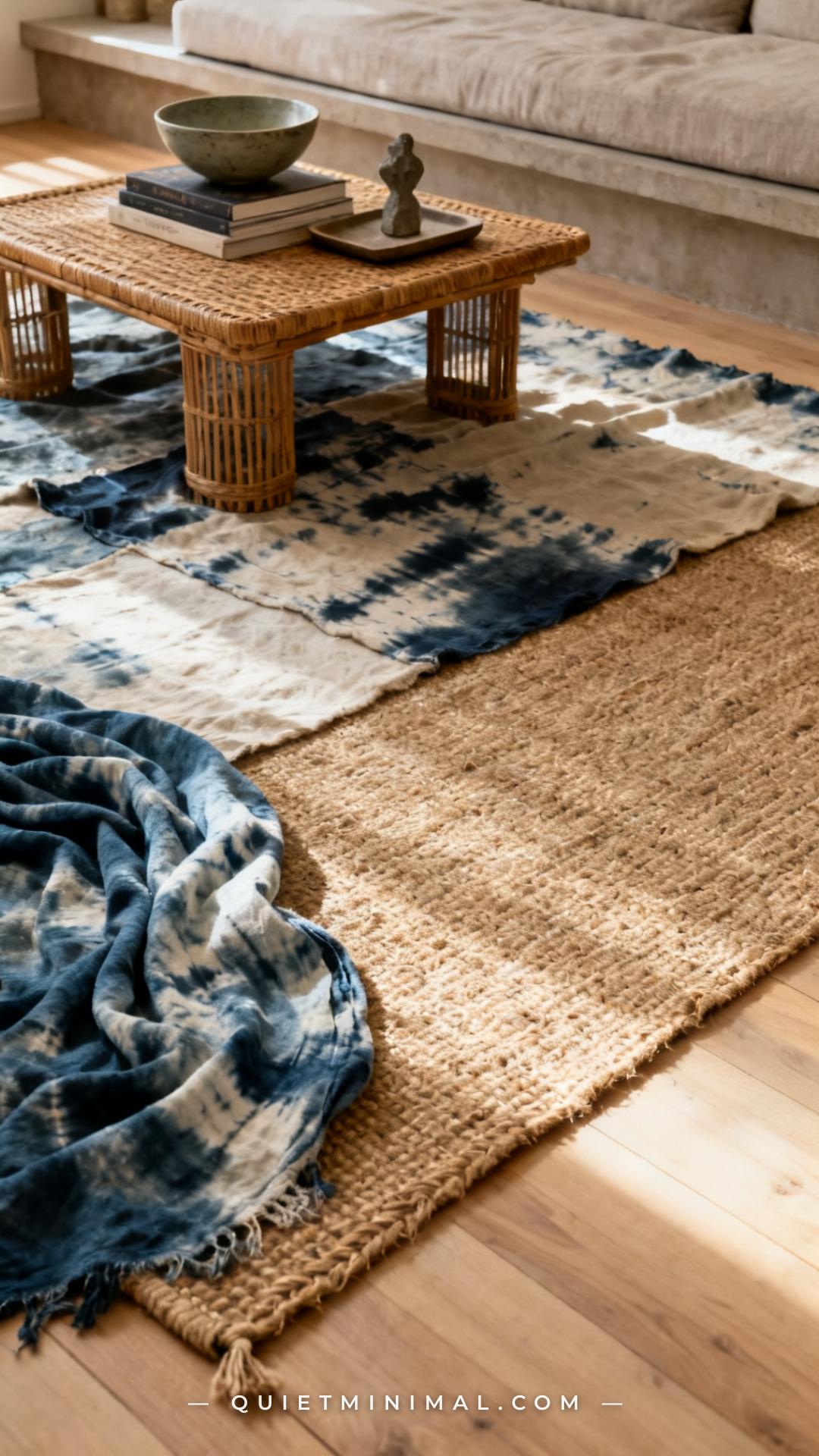 A vertical establishing shot of a wabi-sabi living room floor