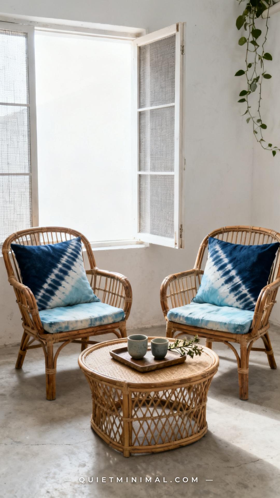 A medium-wide vertical photograph of a sunroom or covered outdoor seating area with natural rattan armchairs dressed in