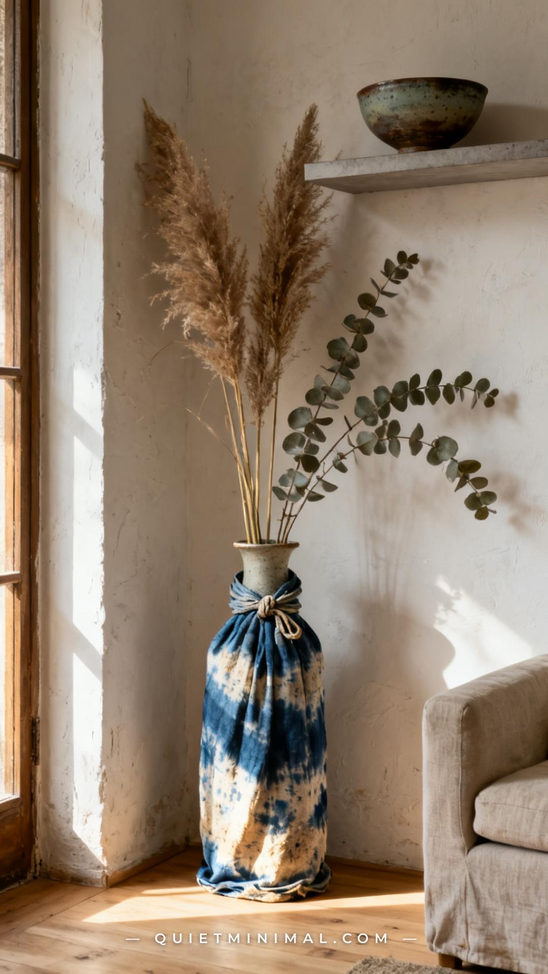 A wide vertical photograph of a wabi-sabi living room corner featuring a tall ceramic floor vase partially wrapped in an