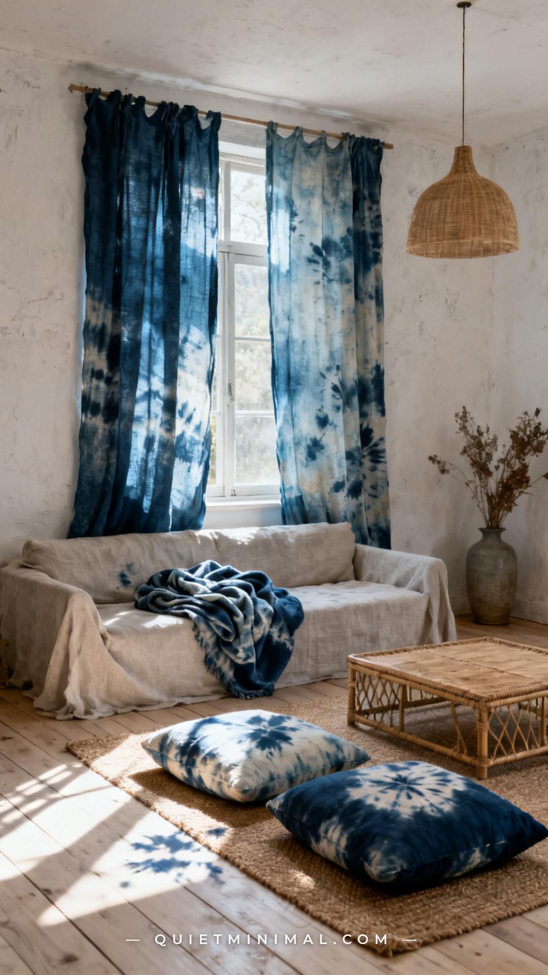 A wide establishing shot of a complete wabi-sabi room composition showing all three textile layers in one frame — aged i
