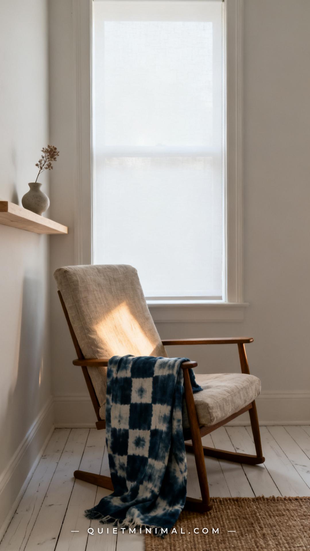 A wide-angle vertical photograph of a linen reading chair positioned beside a tall window in a wabi-sabi study or bedroo