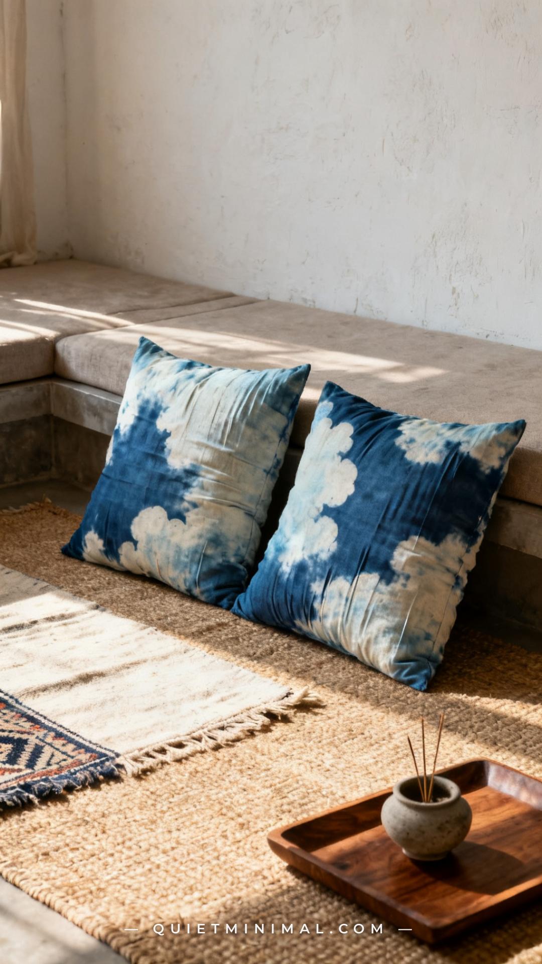 A vertical establishing shot of a wabi-sabi living room floor space with two oversized floor cushions in aged kumo shibo