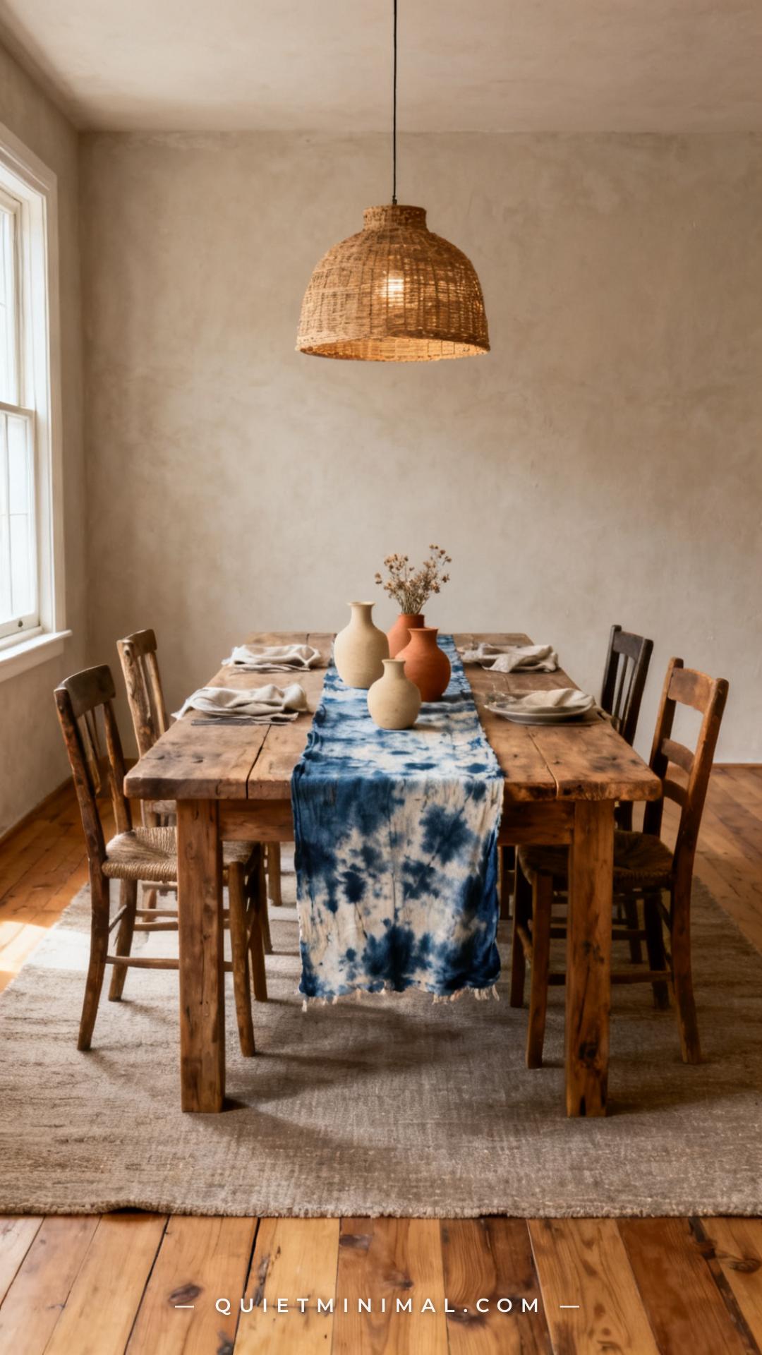A wide-angle vertical photograph of a wabi-sabi dining table set with a single aged indigo shibori table runner at the c