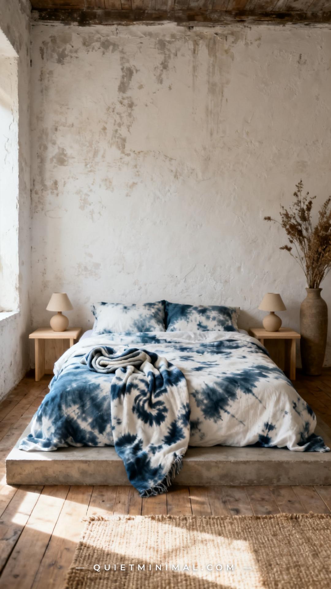 A vertical establishing shot of a wabi-sabi bedroom with a low platform bed dressed in aged indigo shibori bedding — a s