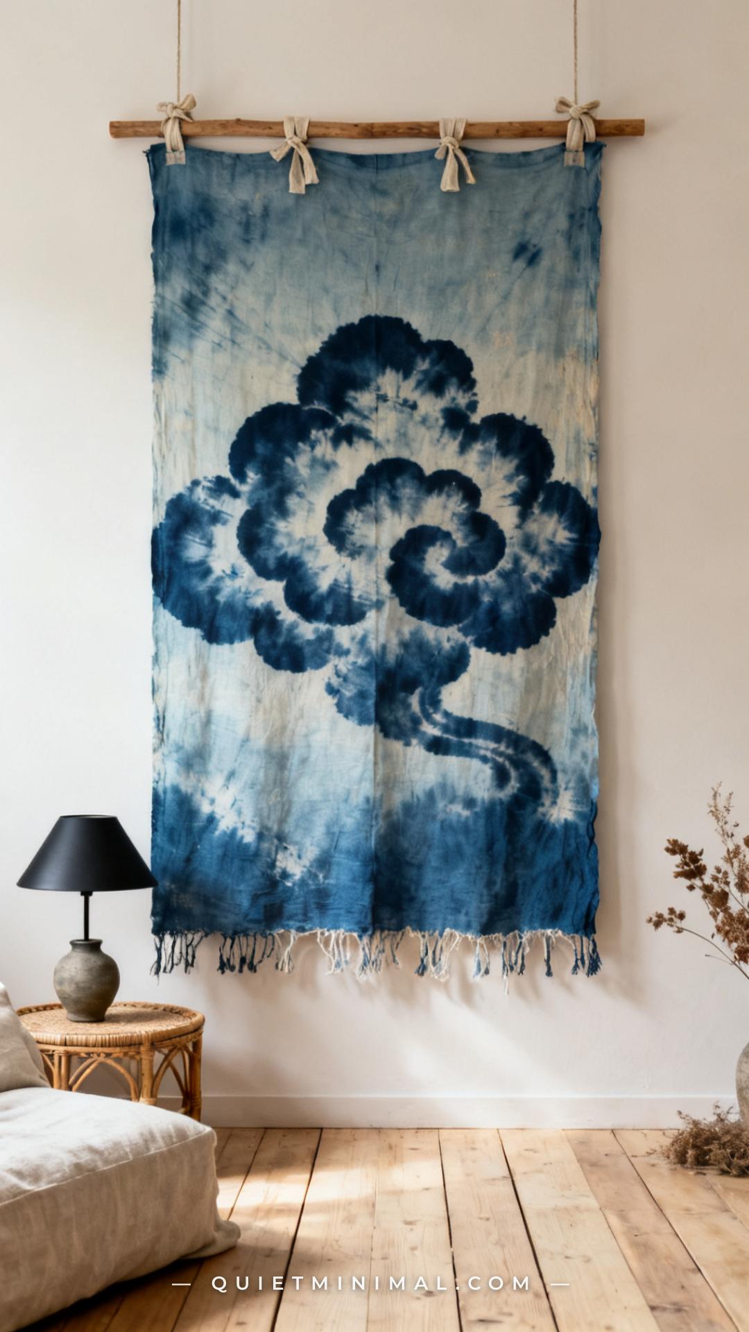 A wide-angle vertical photograph of a wabi-sabi living room wall featuring a large framed or rod-hung aged indigo shibor
