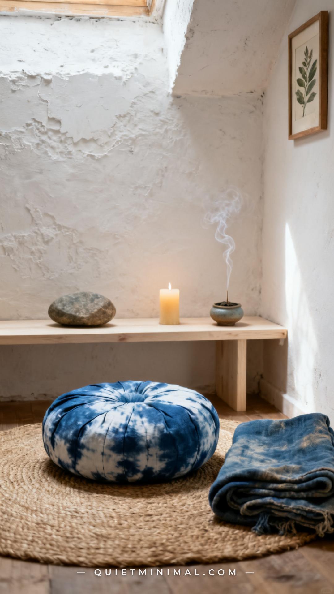 A medium-wide vertical photograph of a serene wabi-sabi meditation corner in a bedroom or study