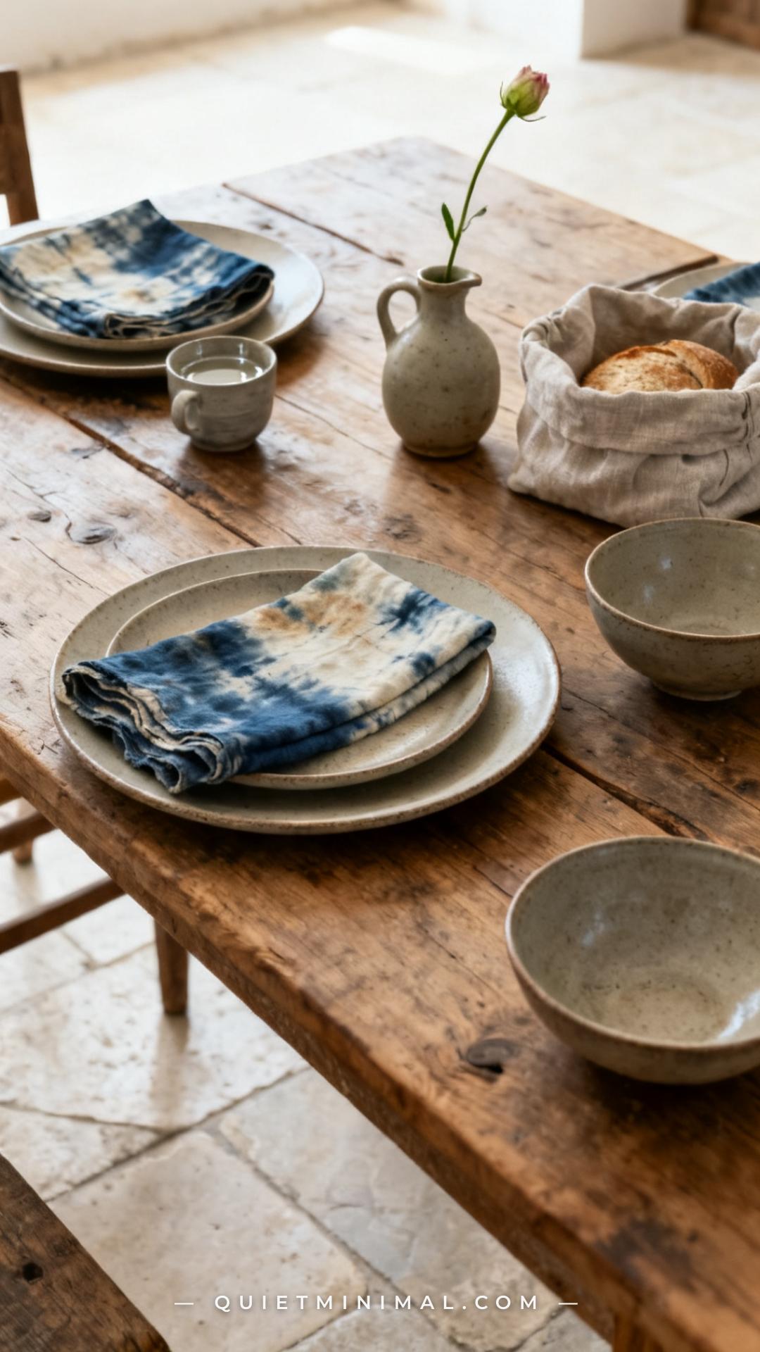 A wide establishing shot of a wabi-sabi breakfast table set with a simple arrangement of matte ceramic plates and bowls