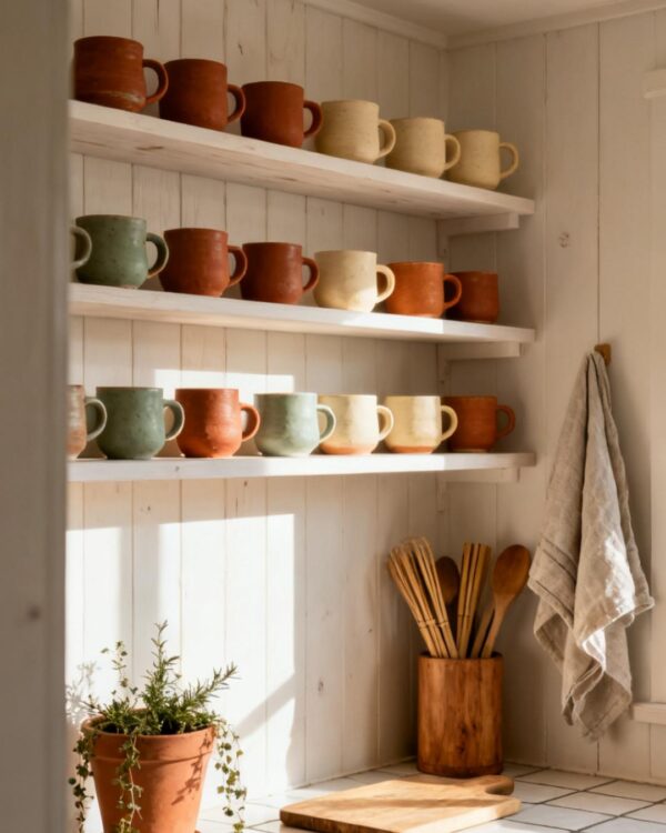14 Artisan Kitchen Decor Ideas with Stacked Mugs and Wooden Utensils