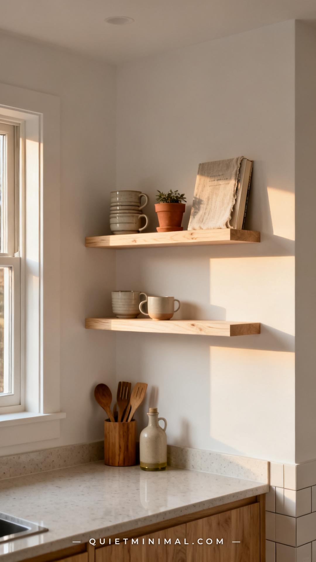 A vertical photograph captures a medium-wide view of a kitchen wall with two floating solid-wood shelves in pale white o