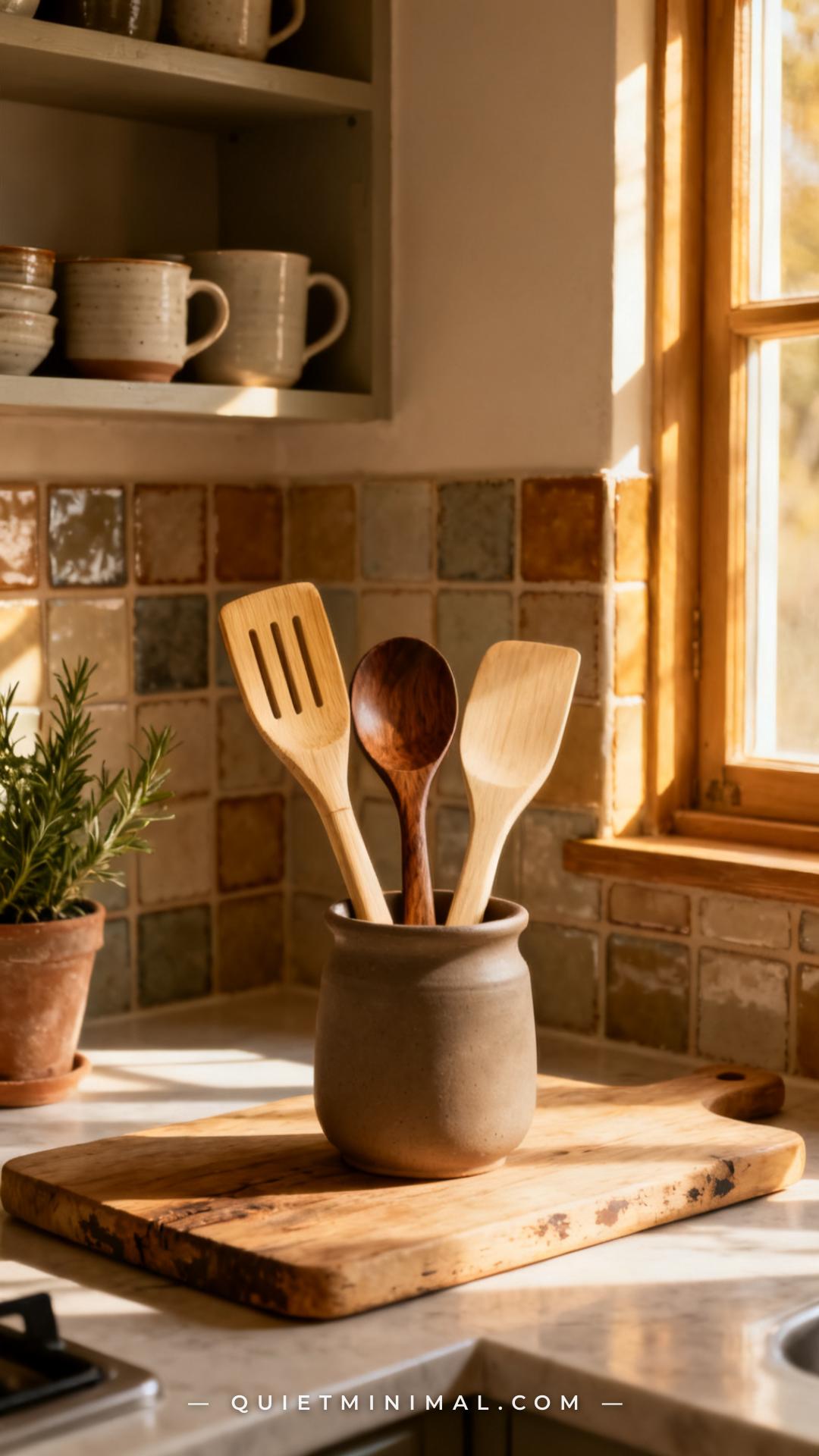 A vertical photograph captures a wide shot of a sunny artisan kitchen countertop