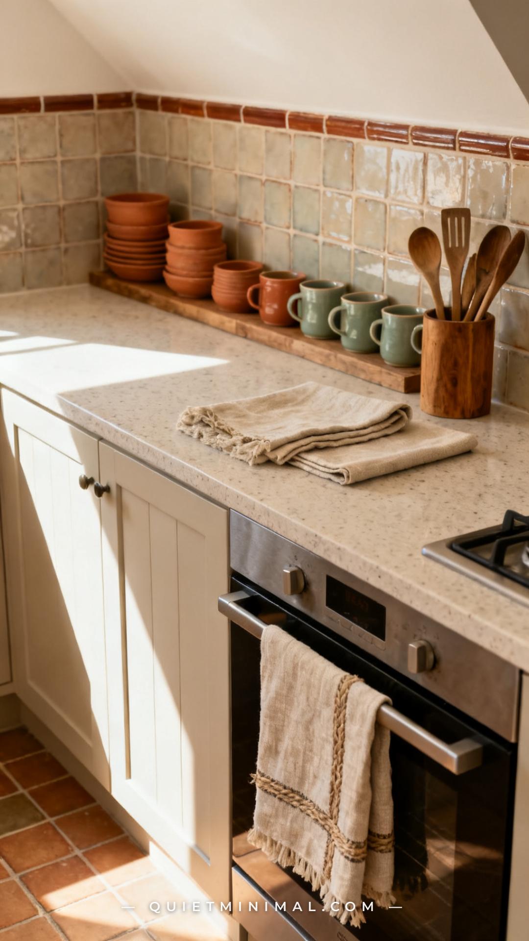 A vertical photograph captures a medium-wide view of an artisan kitchen counter and lower cabinet section