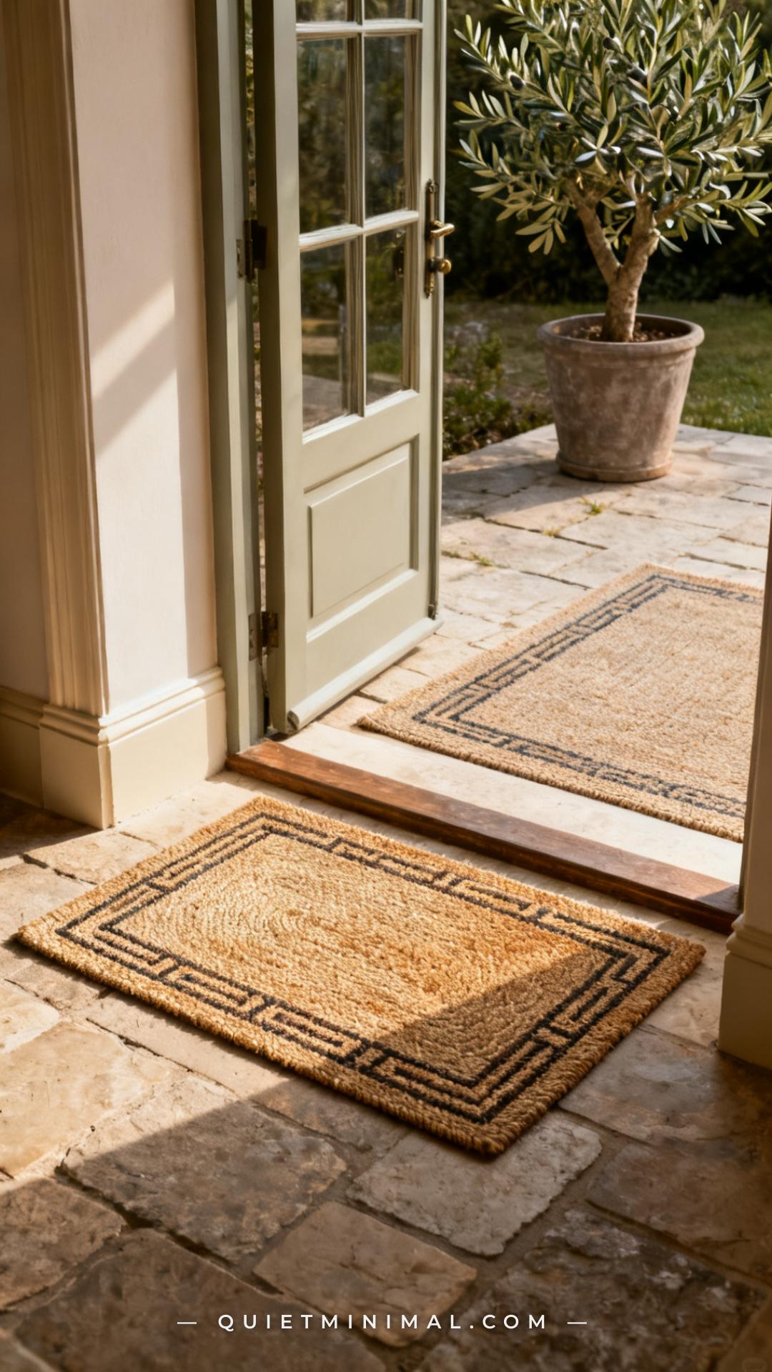 A vertical photograph establishes the French door threshold from the interior looking outward