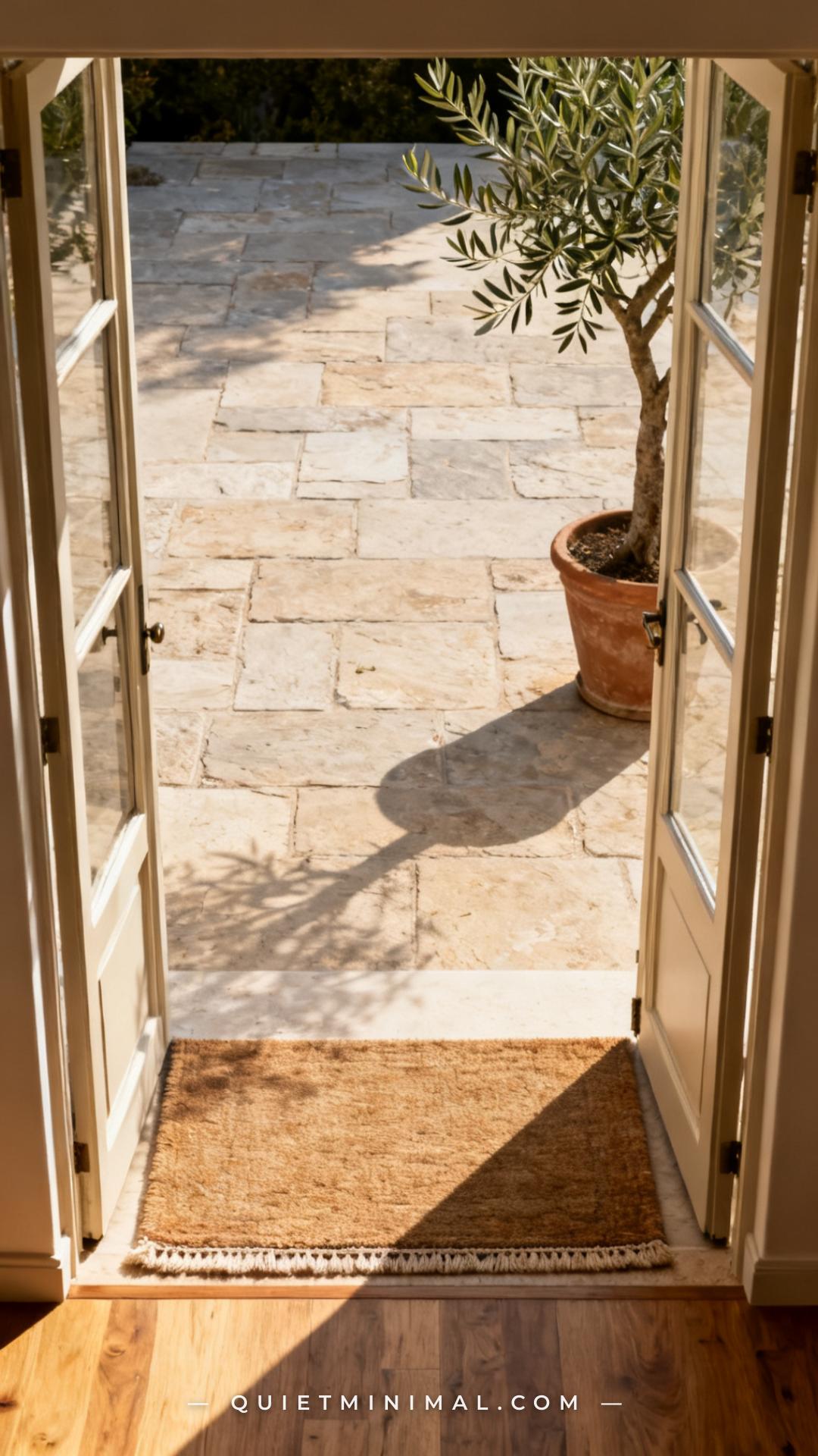 A wide-angle vertical photograph shows the transition zone between an interior hardwood floor and an exterior stone pati