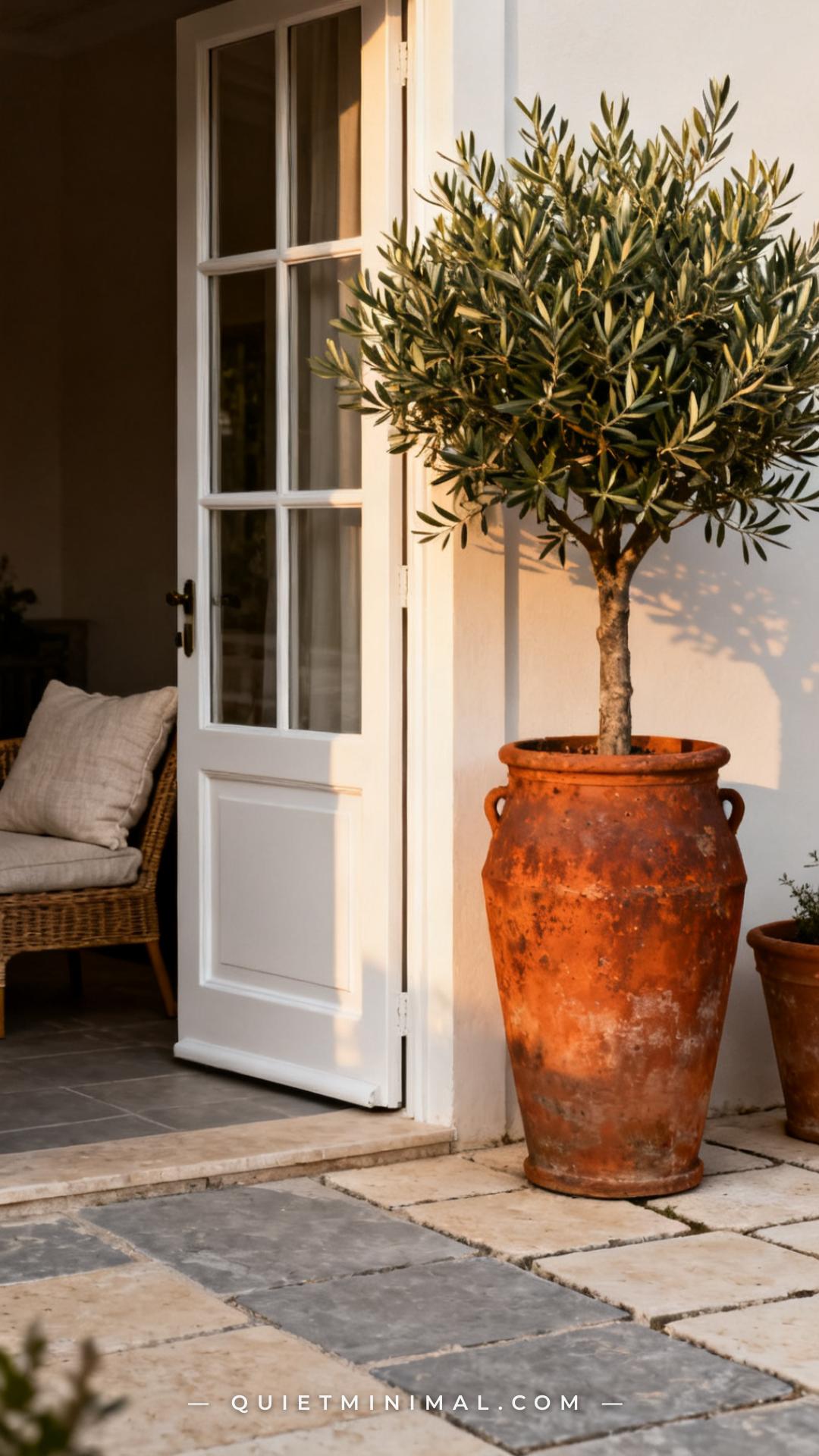 A medium-wide vertical photograph captures the right side of a French door patio