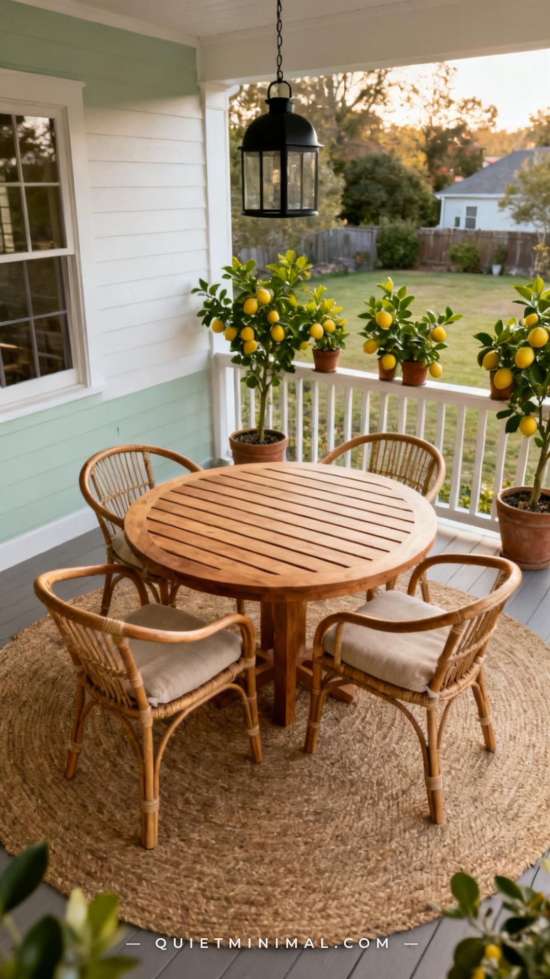 A wide-angle vertical photograph captures a covered back porch dining zone anchored by a round teak dining table with a