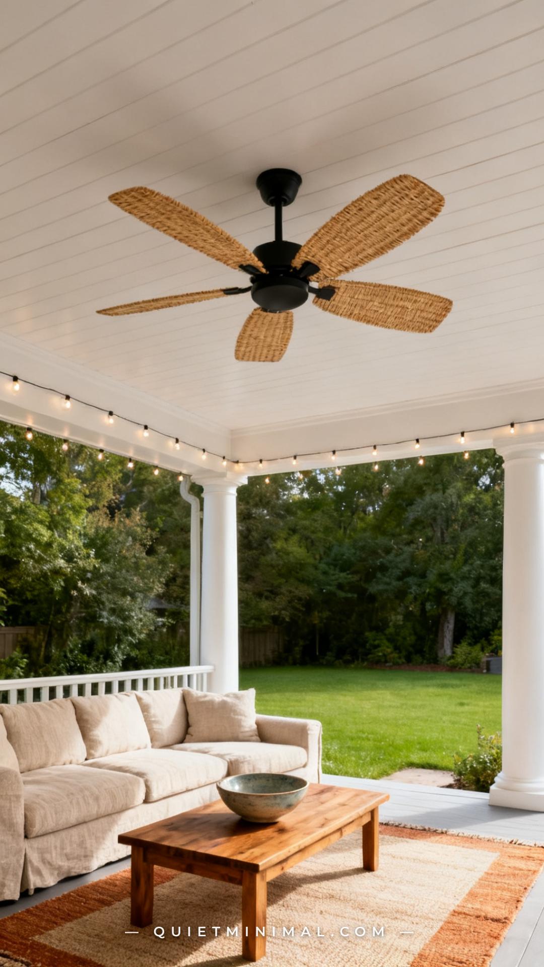 A medium-wide vertical photograph looking upward at the ceiling of a covered back porch