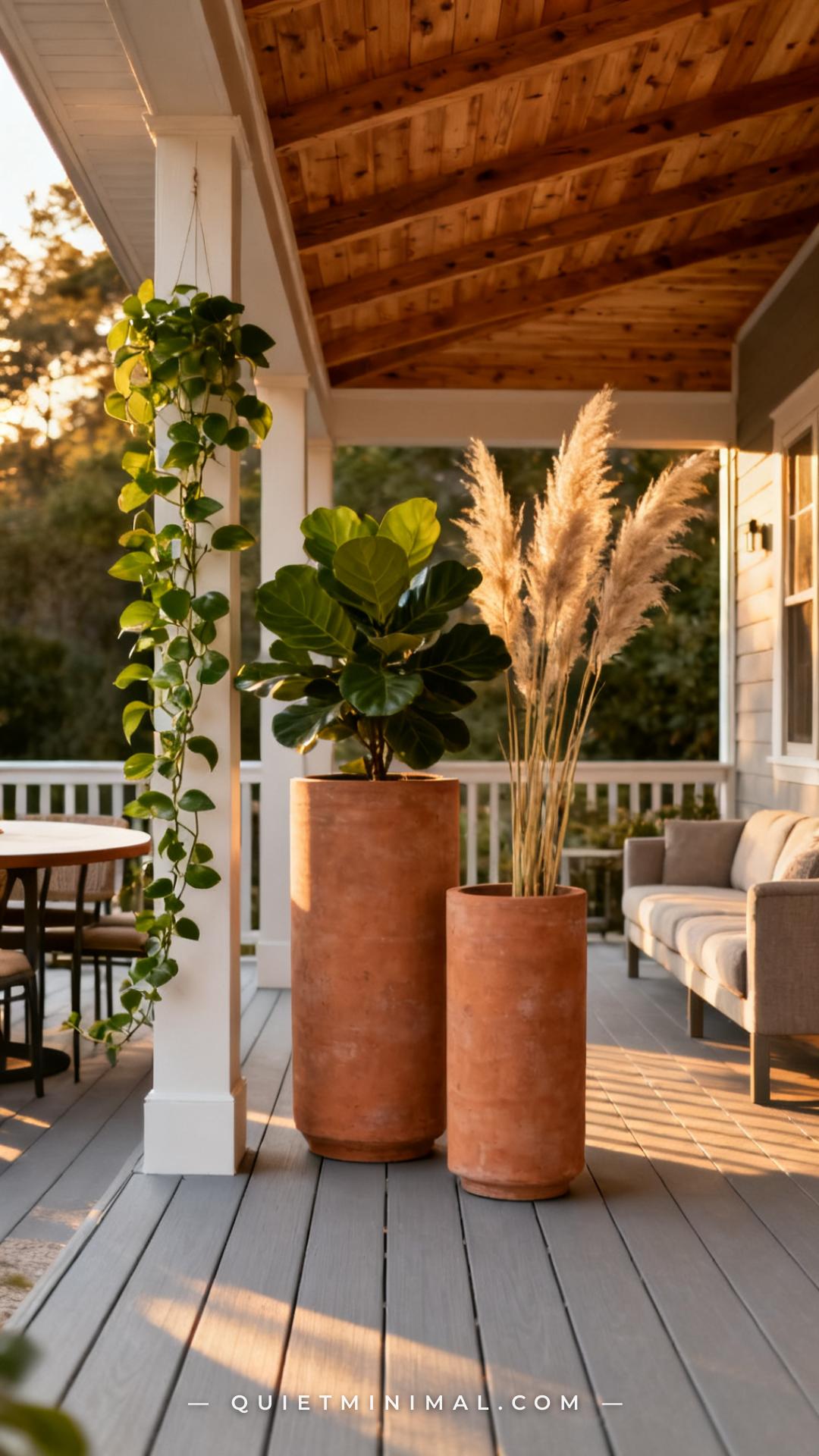 An establishing shot of a covered back porch corridor zone between the dining and seating areas
