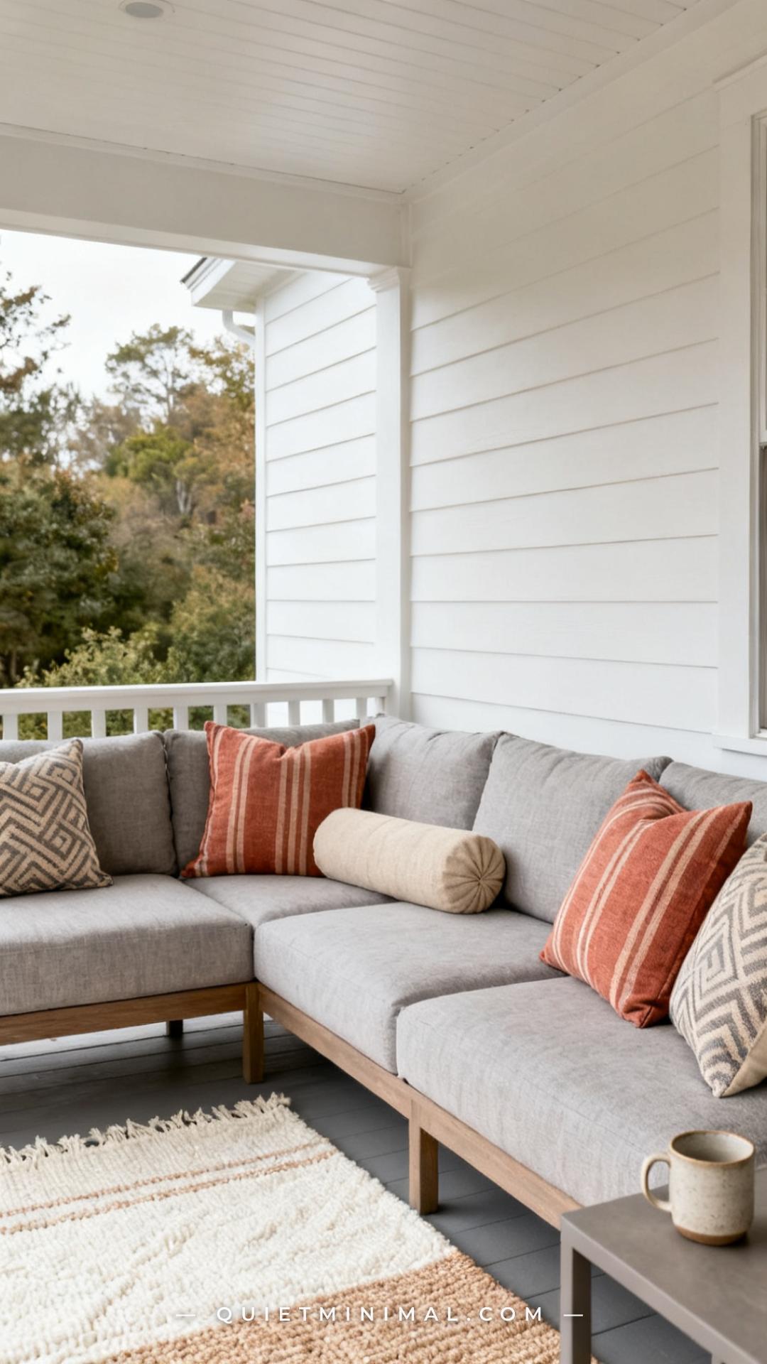 A medium-wide vertical photograph captures the seating zone of a covered back porch