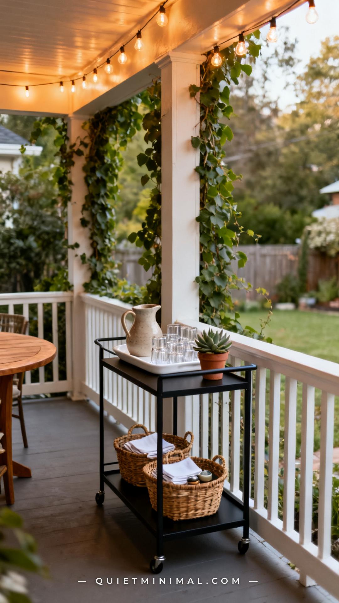 A medium-wide vertical photograph captures a narrow covered back porch corner where a two-tiered matte black metal bar c