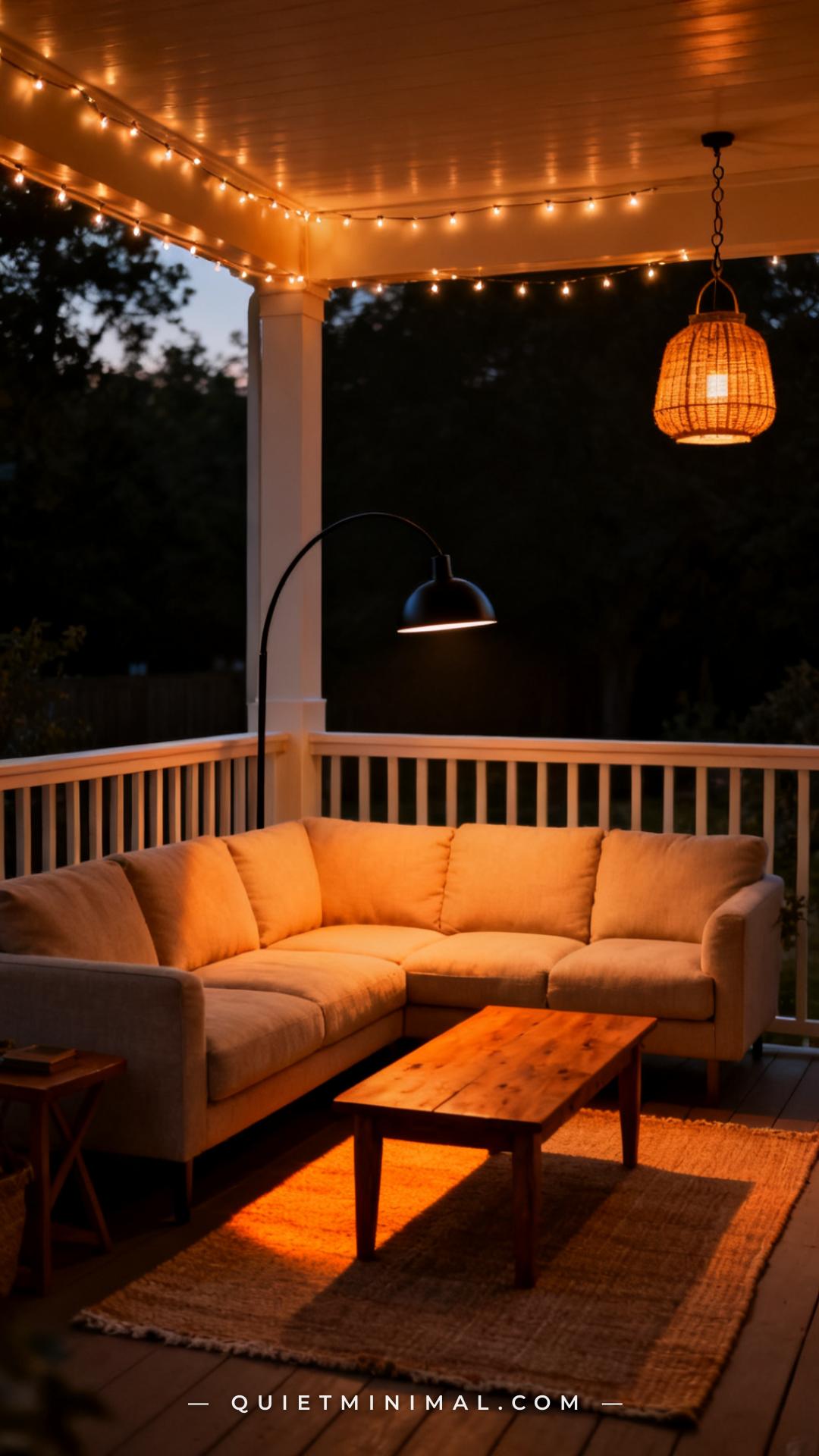 An establishing shot of a covered back porch seating zone in early evening light