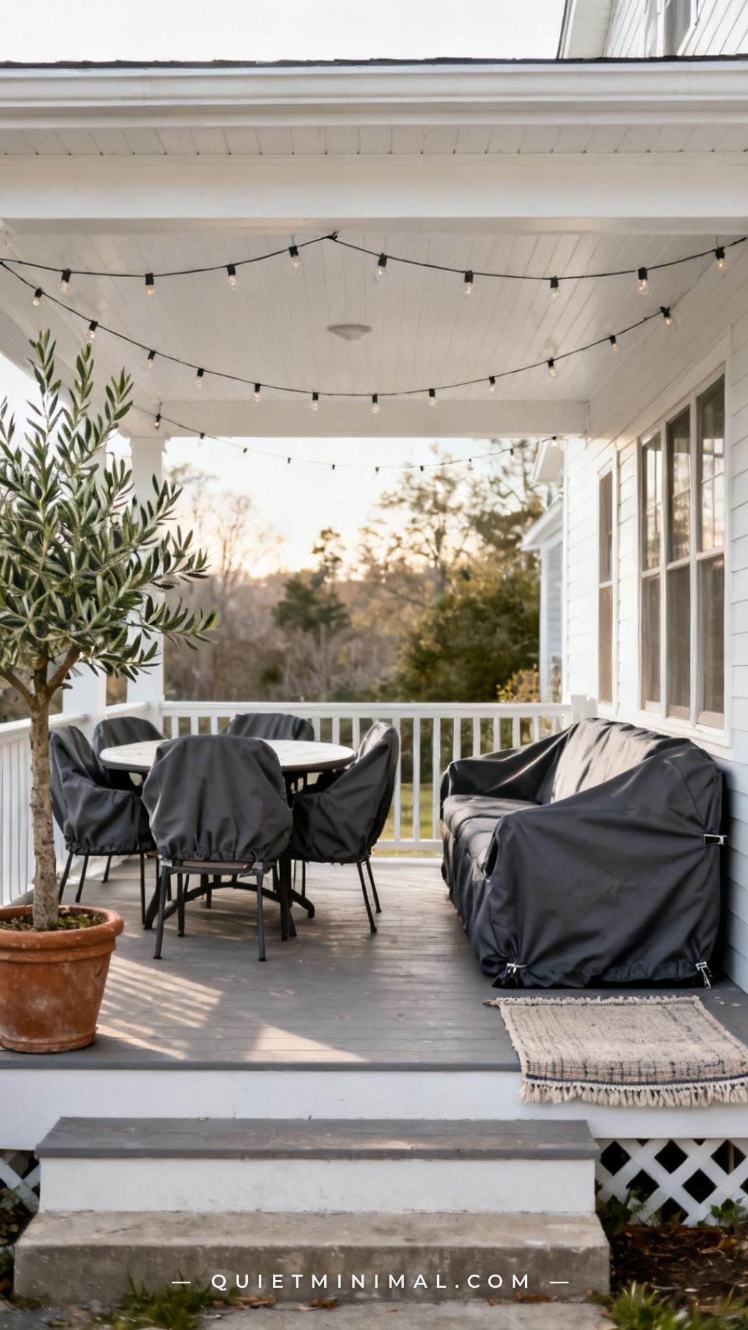 A wide-angle vertical photograph captures a covered back porch in a transitional "between uses" moment — the round dinin