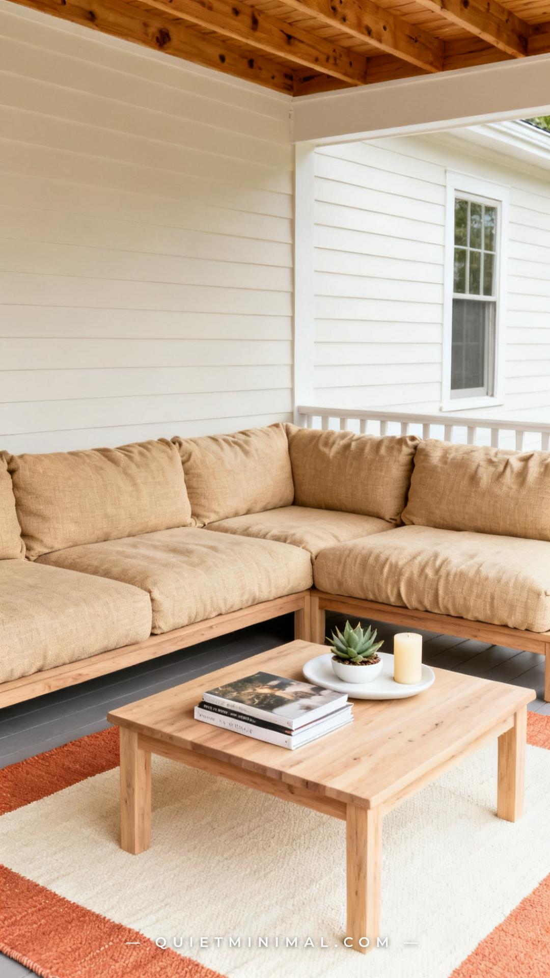 An establishing shot of a covered back porch seating zone
