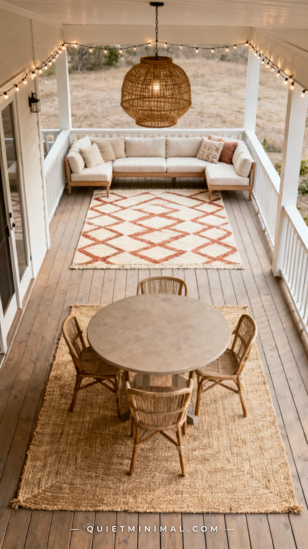 A wide-angle overhead-style vertical photograph captures a covered back porch from a slightly elevated vantage point