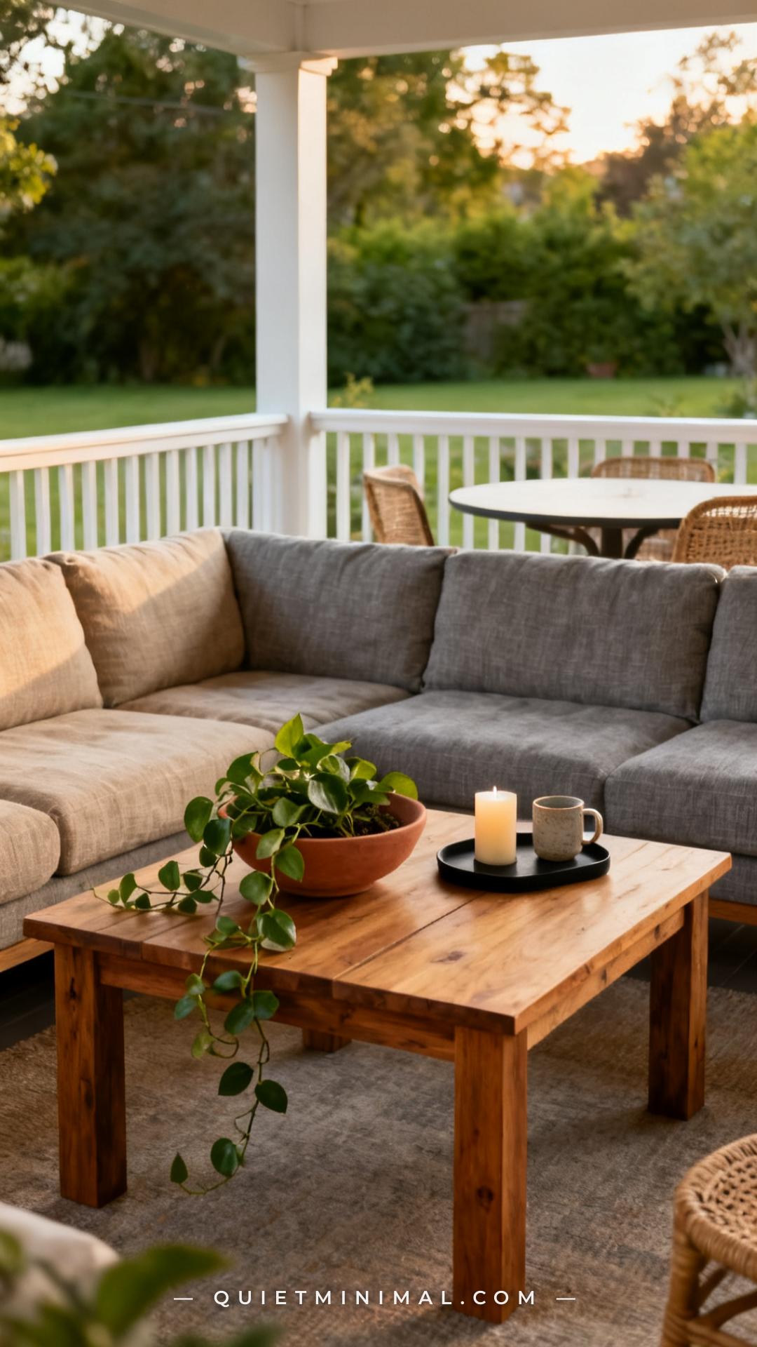 A medium-wide vertical photograph captures a covered back porch seating zone with a square teak coffee table at its cent