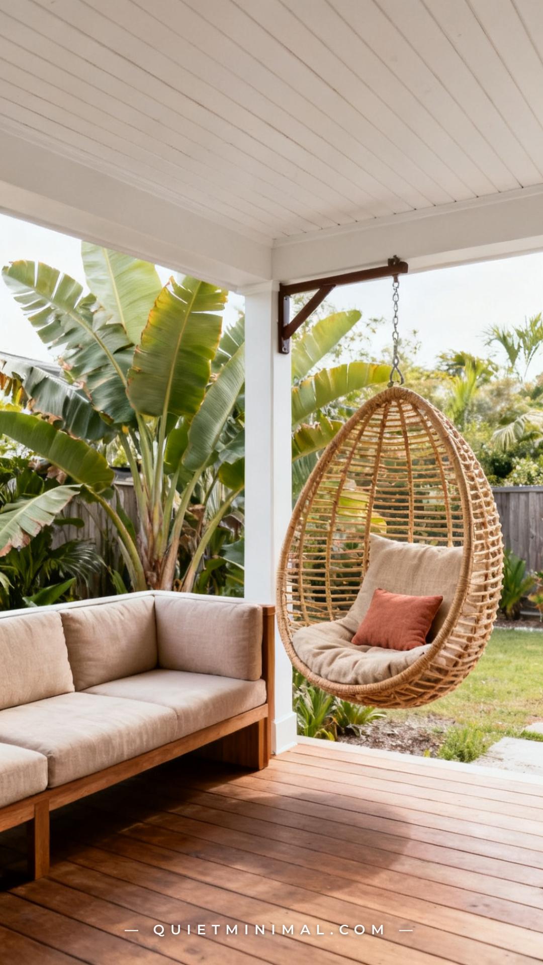 An establishing shot of a covered back porch corner where a natural rattan egg-shaped hanging chair is suspended from a