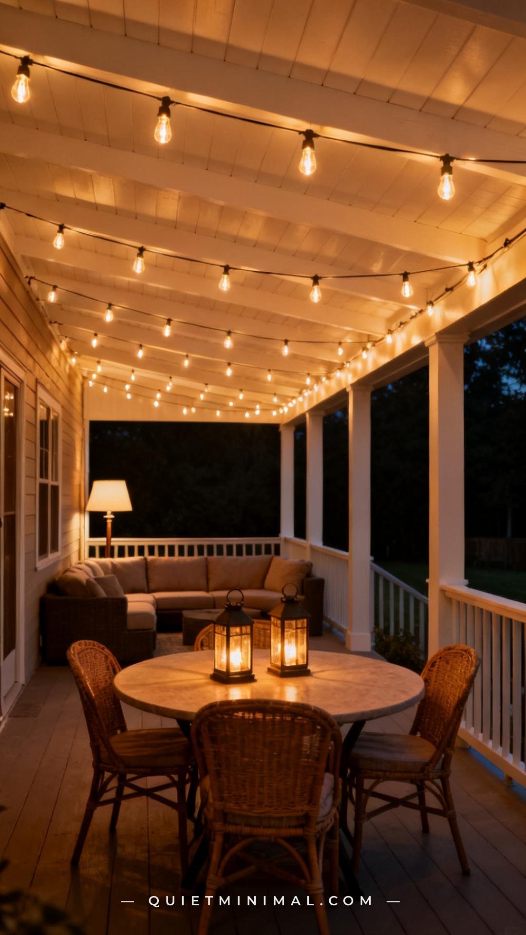 A wide-angle evening photograph captures a covered back porch with string lights draped in parallel rows from the ceilin
