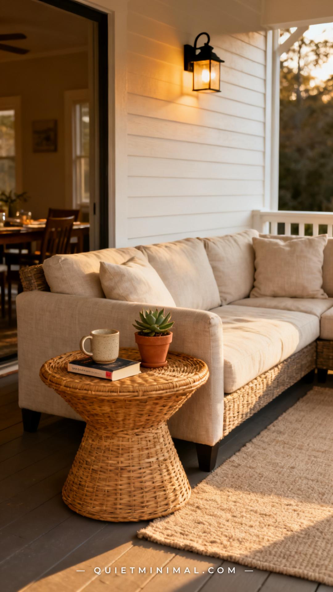 A medium-wide vertical photograph captures the end of a deep-seat sectional sofa on a covered back porch