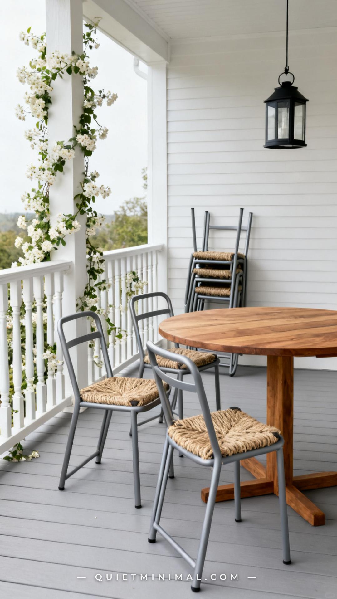 An establishing shot of a covered back porch dining zone showing four stackable powder-coated aluminum dining chairs arr