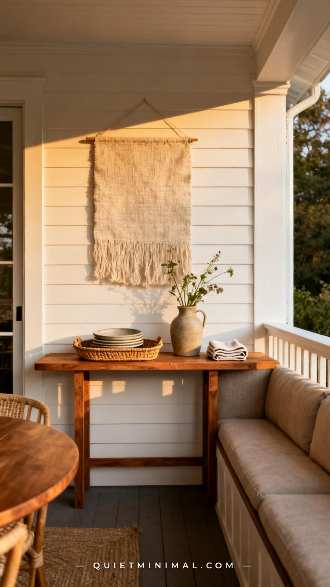 A wide-angle vertical photograph captures a covered back porch with a narrow teak console table pushed against the porch