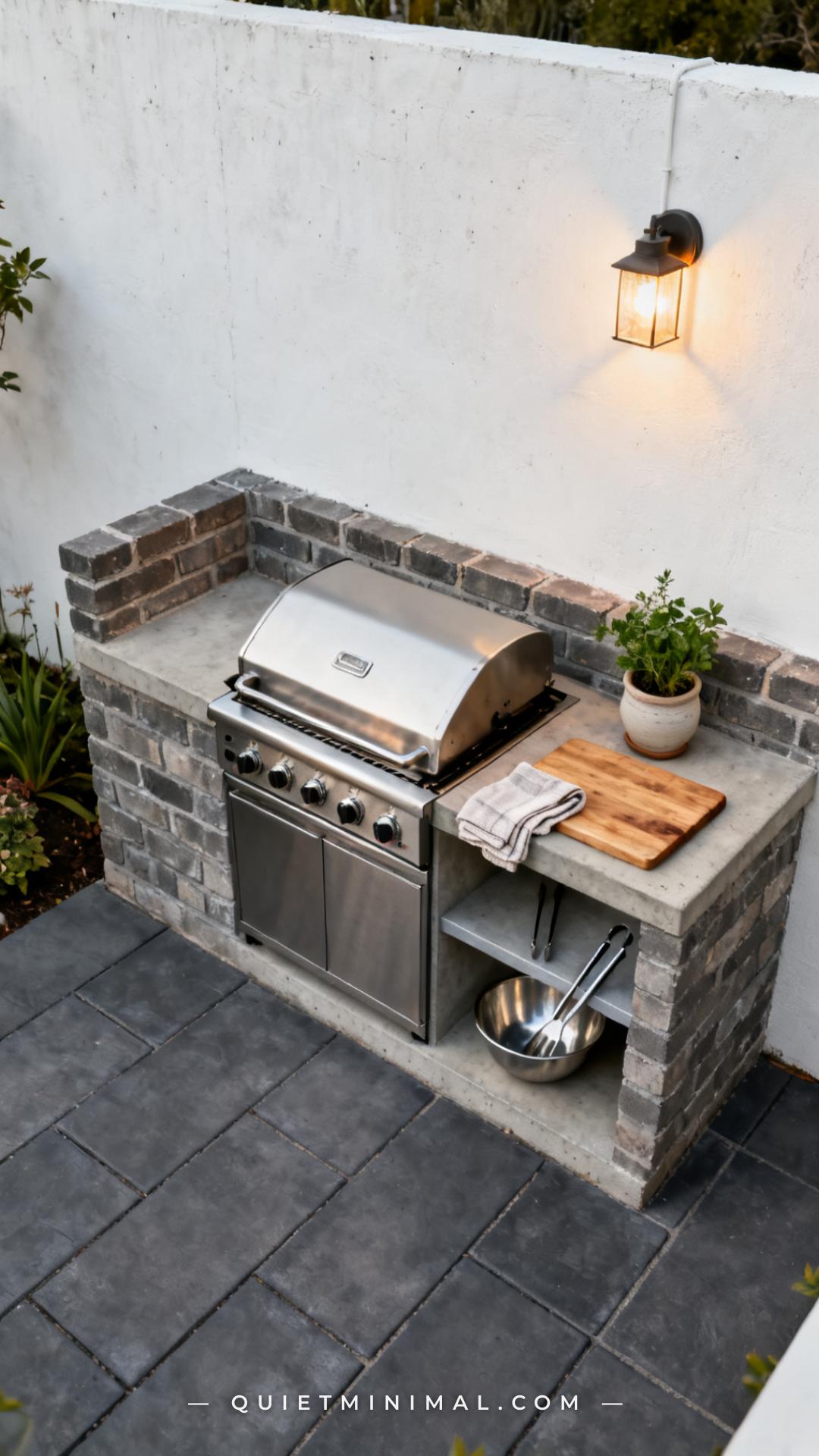 A vertical wide-angle photograph shows a backyard grill station built against a low masonry knee wall