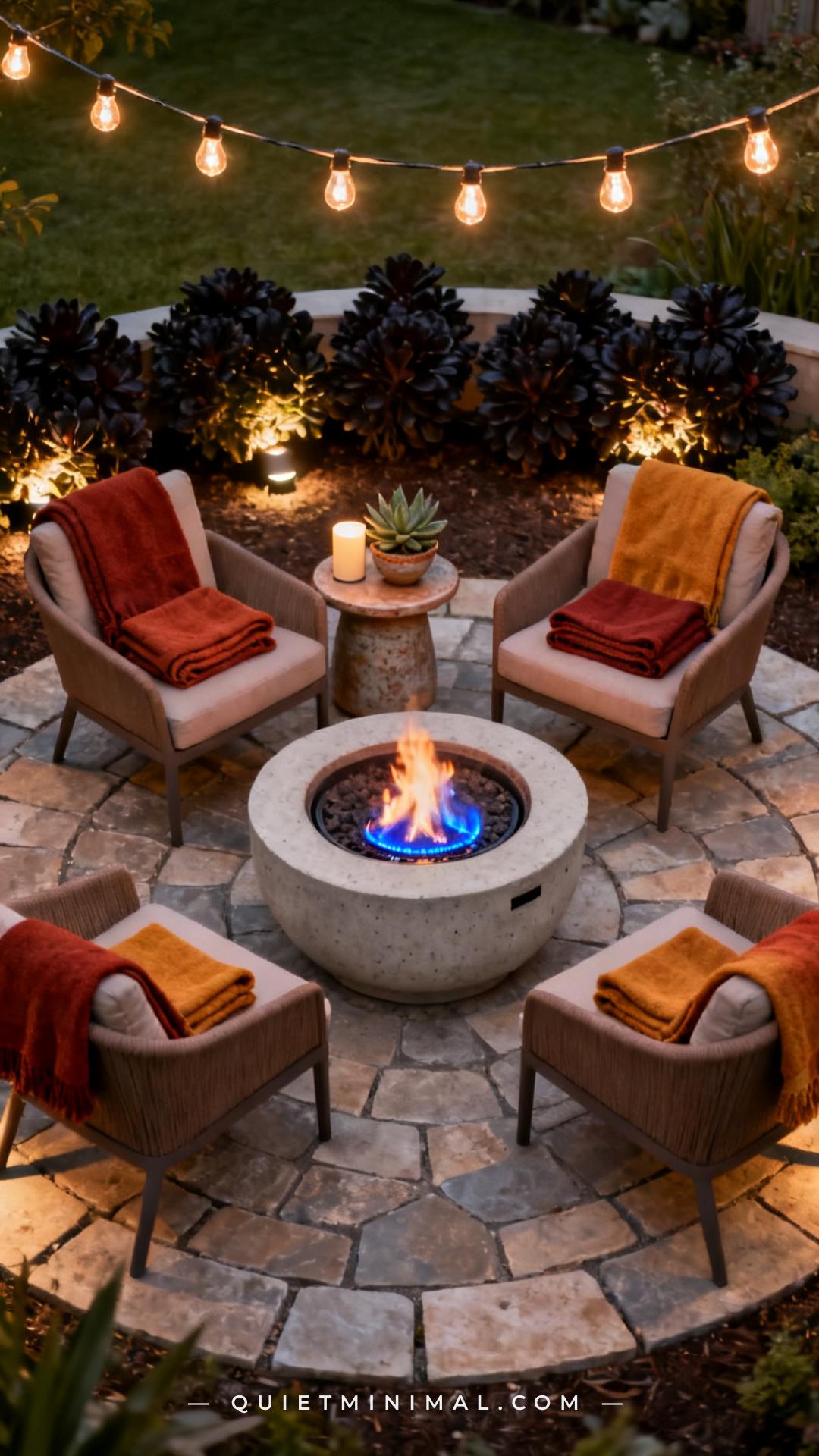 A medium-wide vertical photograph shows a round concrete fire pit centered in a circular flagstone area