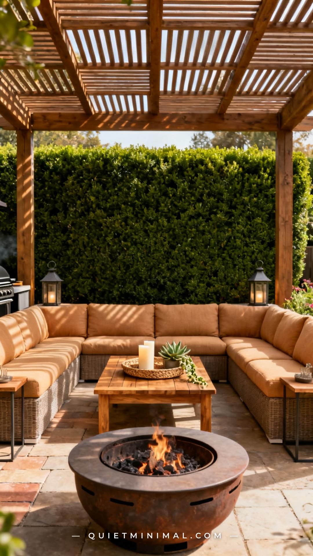 A wide-angle vertical photograph shows an outdoor seating zone centered around a large L-shaped sectional sofa in a warm