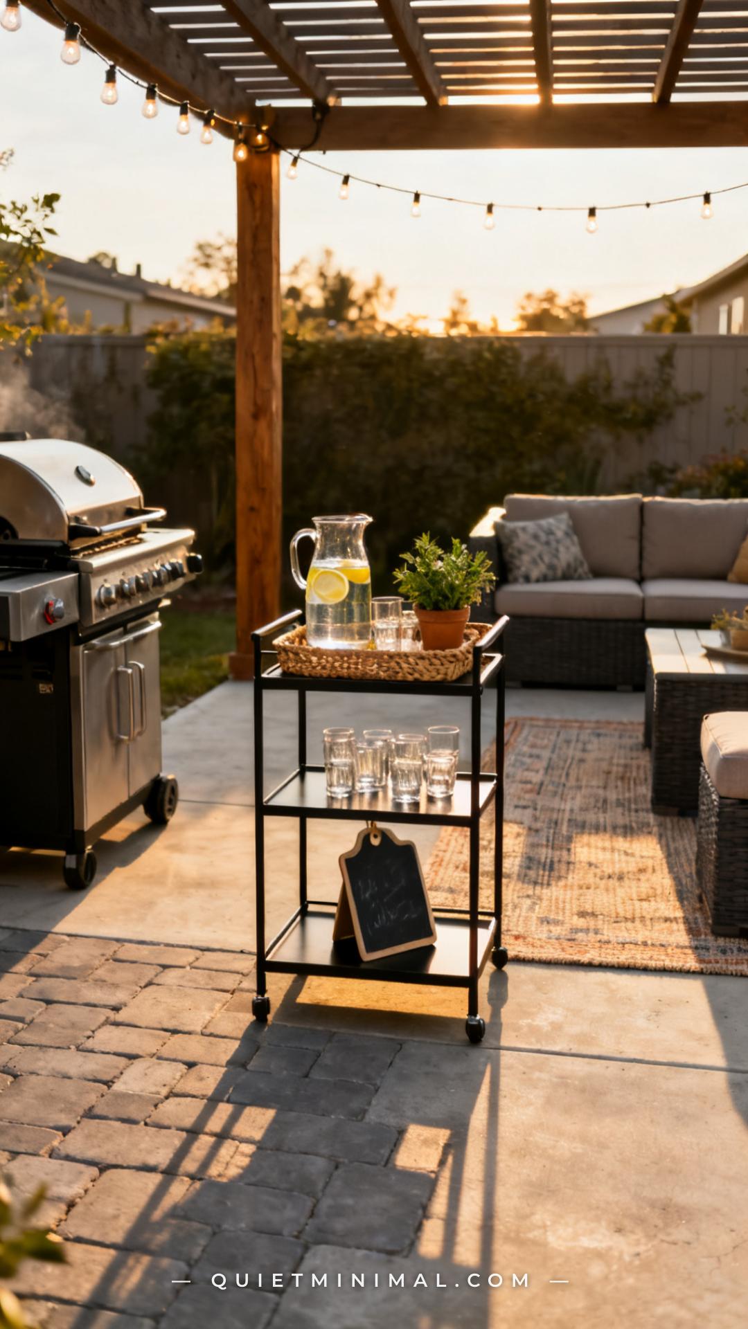 A wide-angle photograph captures a backyard entertaining area with a sleek black metal outdoor bar cart positioned midwa
