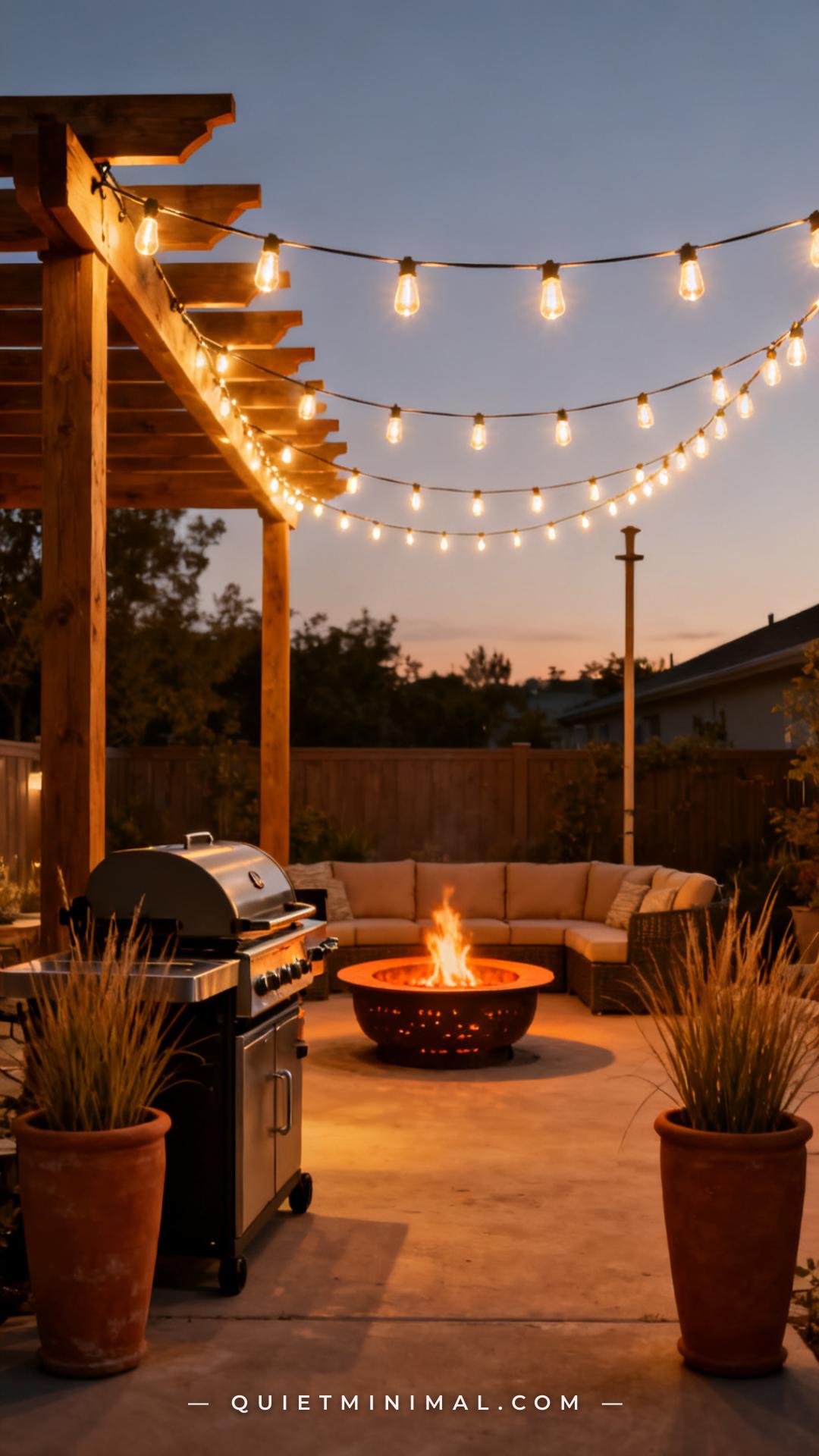 A wide vertical photograph captures a backyard entertaining area at dusk