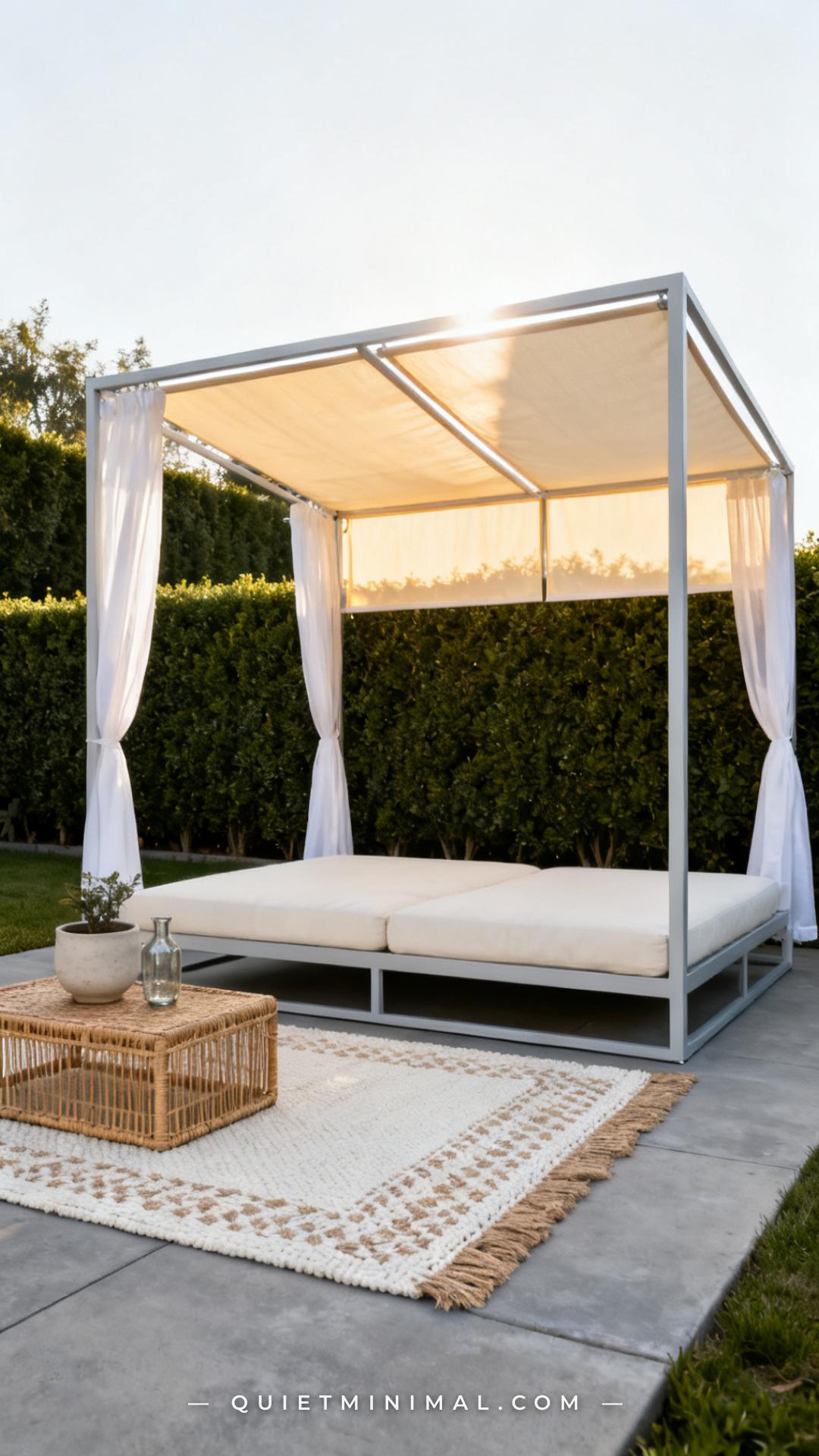 A wide vertical photograph shows a freestanding canopy daybed in a backyard patio setting — a large powder-coated steel
