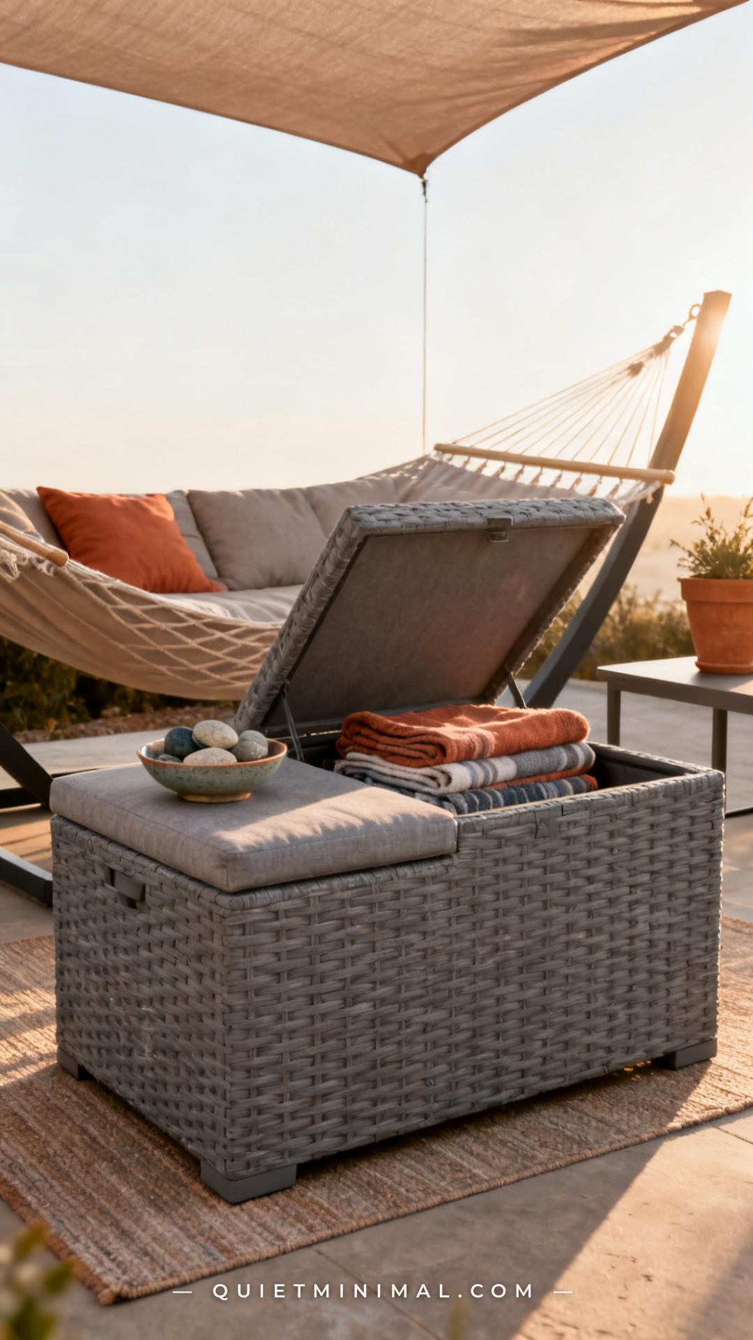 A wide vertical photograph captures a backyard lounge zone from a three-quarter angle showing a large square weatherproo